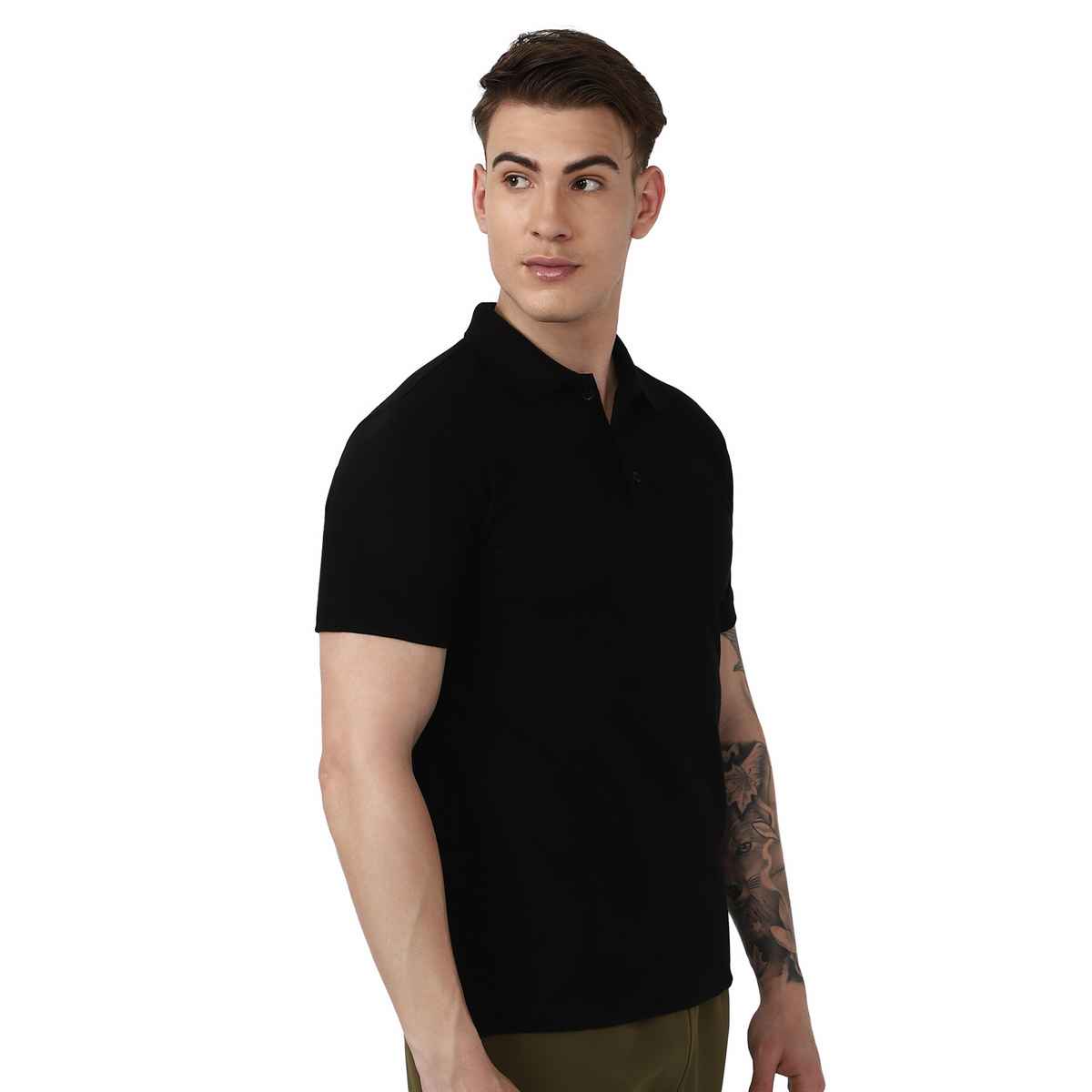 hummel Men's Dany Polo Neck Solid Regular Fit Cotton Poly T-shirt | Black - S
