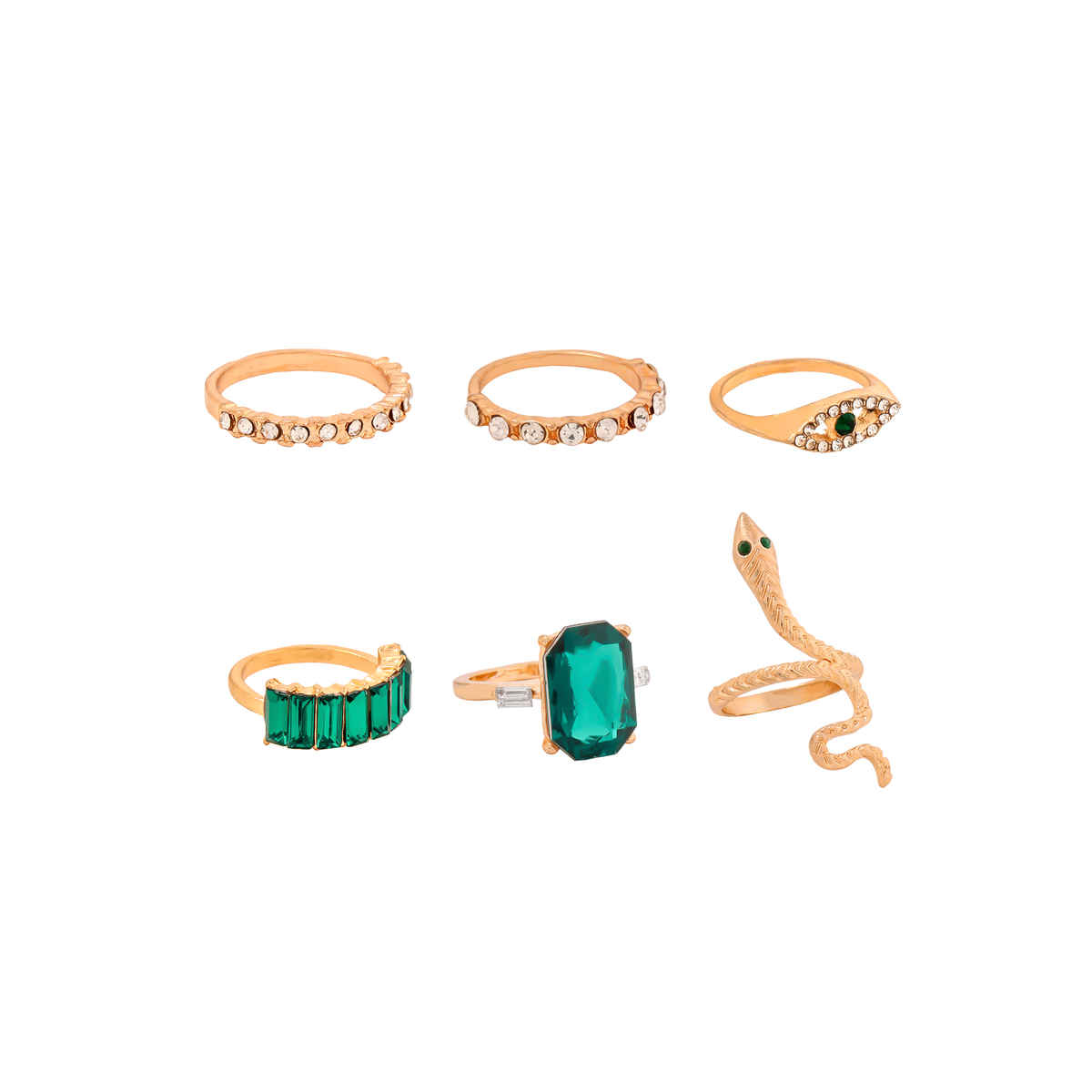 Unwind By Yellow Chimes Set Of 6 Gold-Plated Crystal-Studded Snake Designed Finger Rings