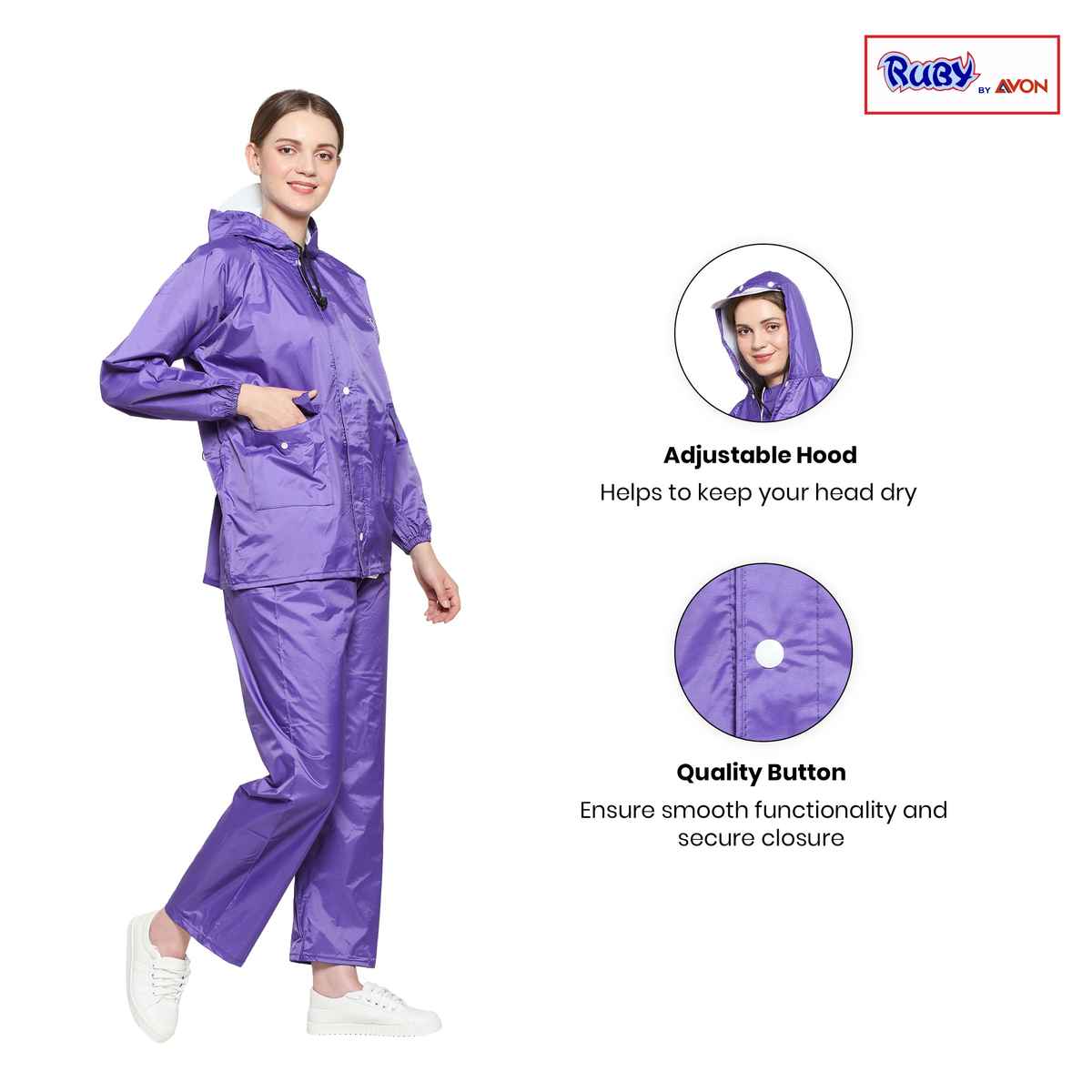 Fendo Ruby Women's Waterproof Raincoat Set with Hood & Carry Pouch | Purple | XL