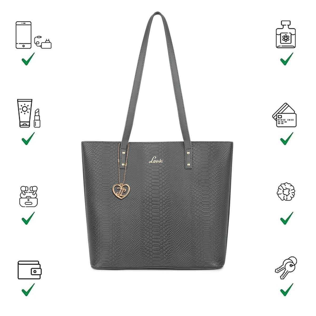 Lavie Women's Croc Pavo Tote Handbag | Tote Bag For Work | Ladies purse | Shoulder Bag | Dark Grey