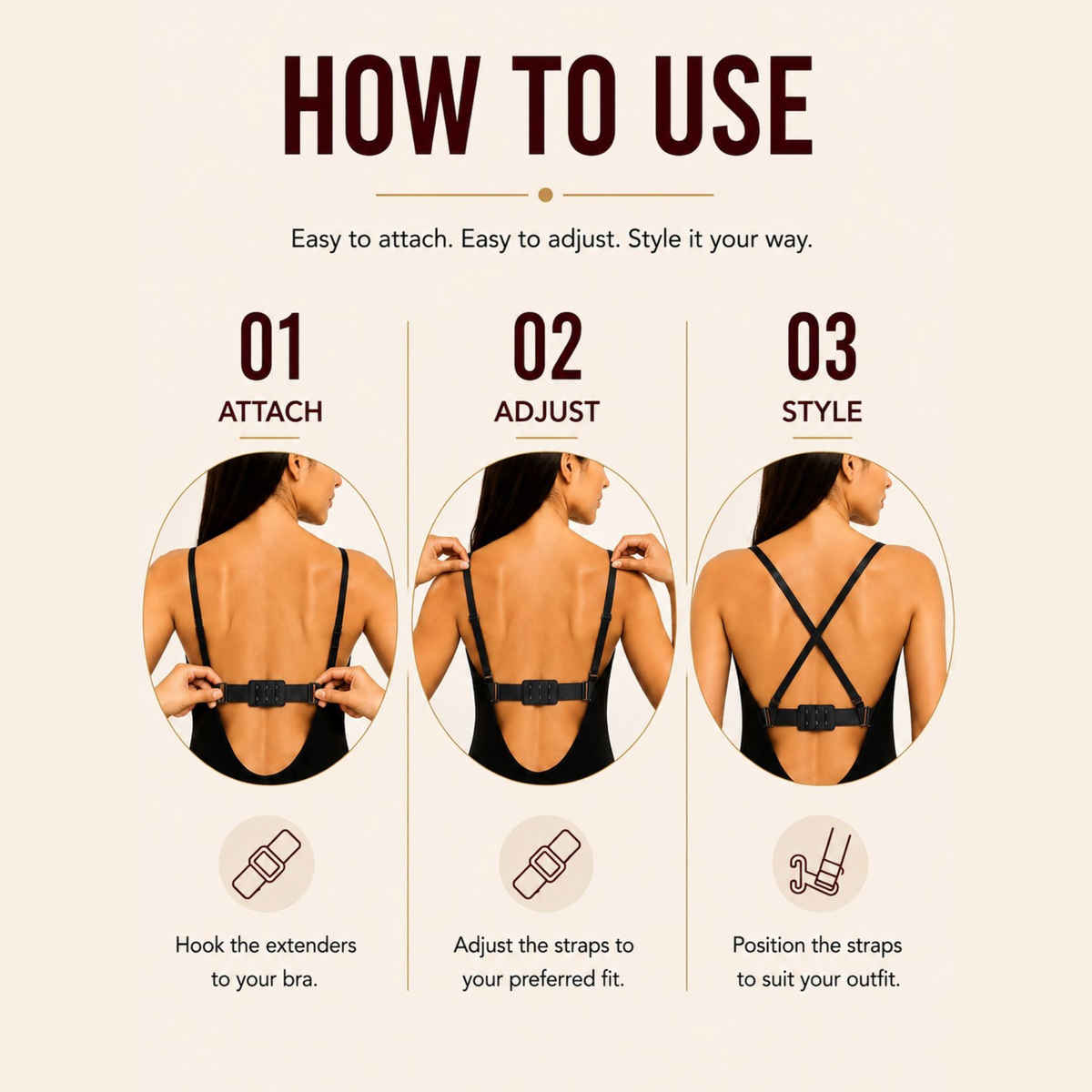Secrets By ZeroKaata Women's Adjustable Bra Converter | 2-Hook Bra Extender | Black | Free Size