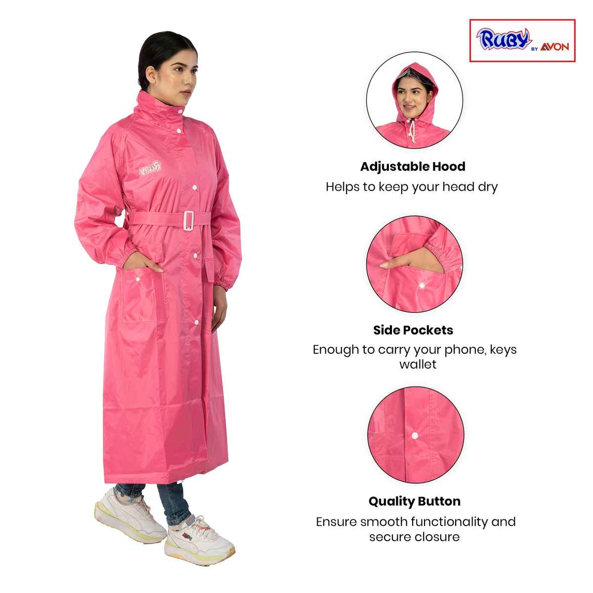 Fendo Ruby Women's Full-Length Waterproof Raincoat with Belt | Princess (Dark Pink) | XL