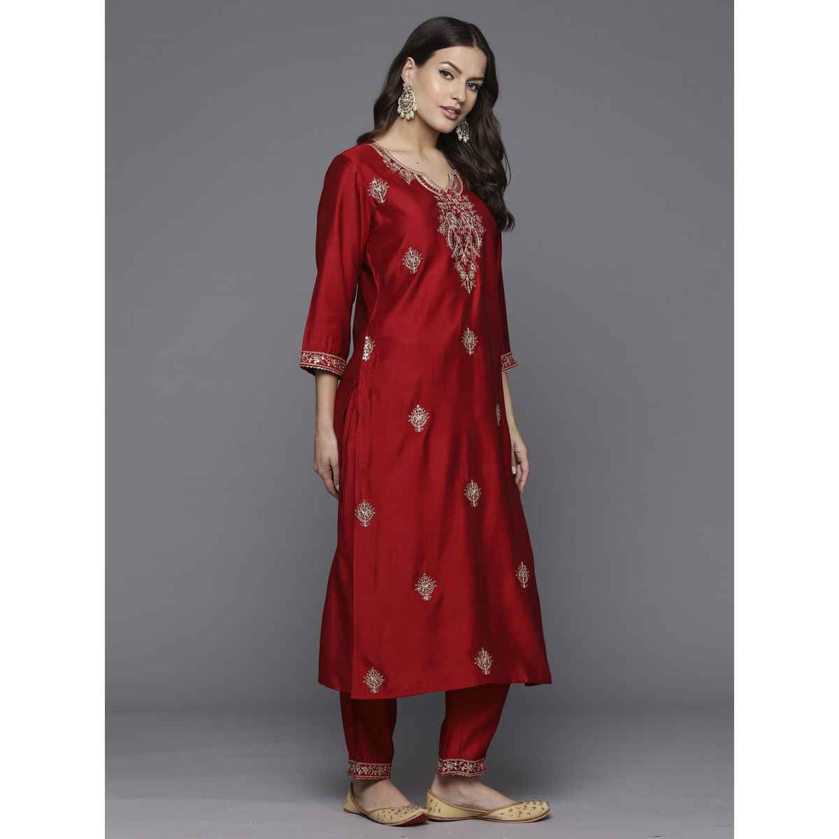 Indo Era Women's Silk Blend Embroidery Straight Kurta Set With Dupatta | KH9RD9490 | Red - XS