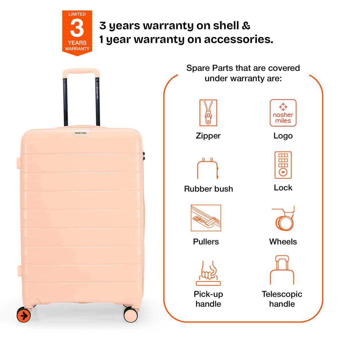 Nasher Miles Vienna Check-In Hard Sided Polypropylene 28 Inch|75 cm Trolley Bag - Peach