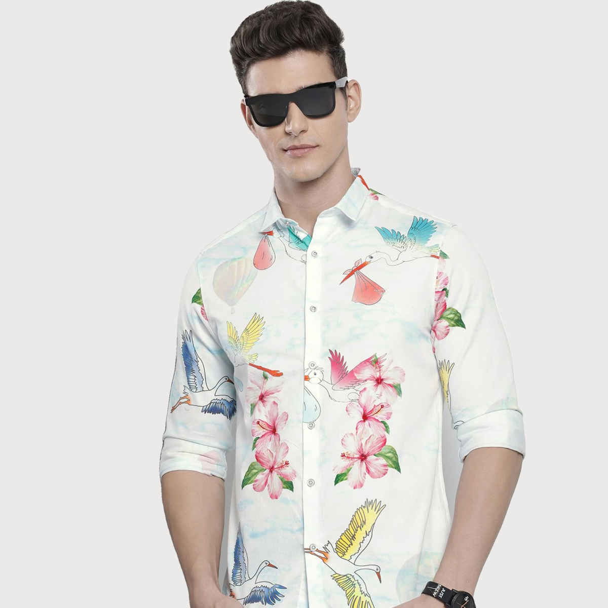 The Indian Garage Co Men's Slim Fit Floral Printed Casual Shirts | White - L