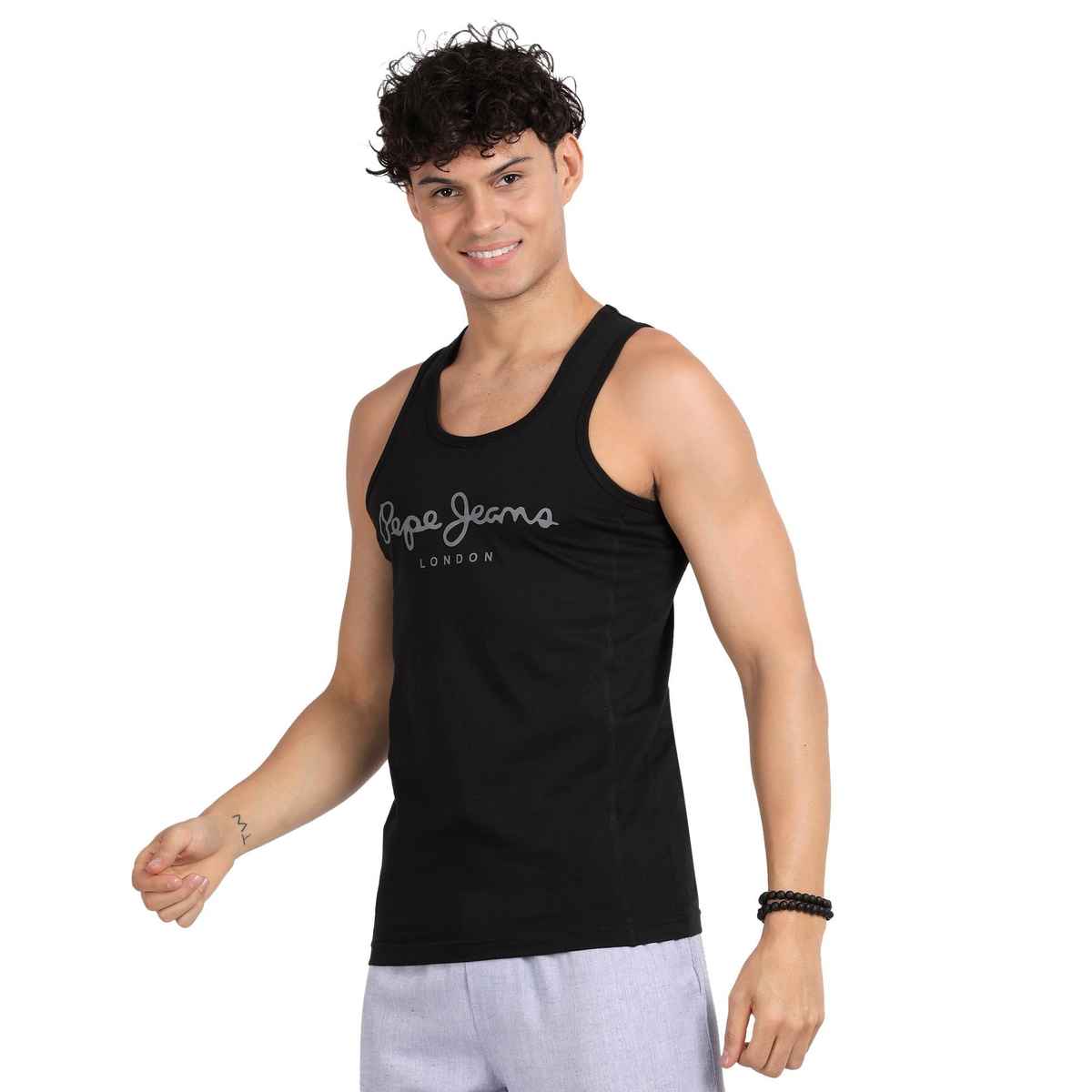 Pepe Jeans Mens Black Cotton Solid Gym Vest - Pack of 1 (L) Comfort Fit, Soft Fabric, Breathable