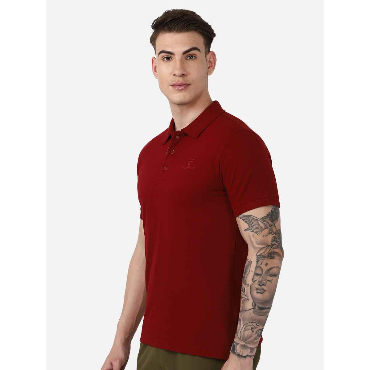 hummel Men's Dany Polo Neck Solid Regular Fit Cotton Poly T-shirt | Maroon - XL