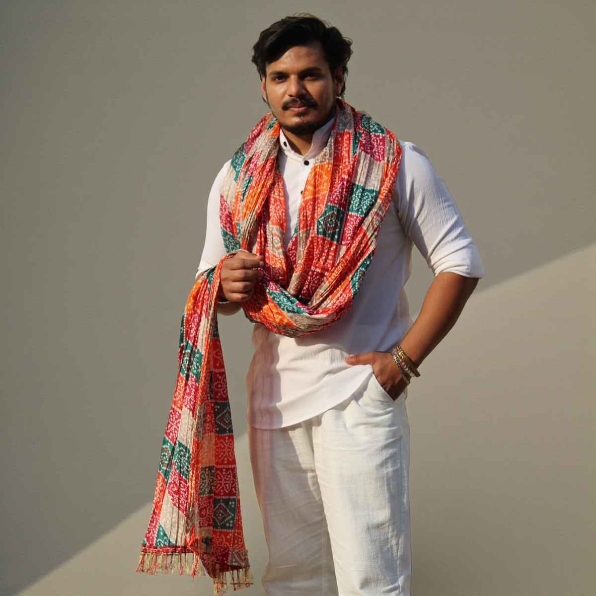 Multicolor Print Dupatta with Red Base | House of Festivals