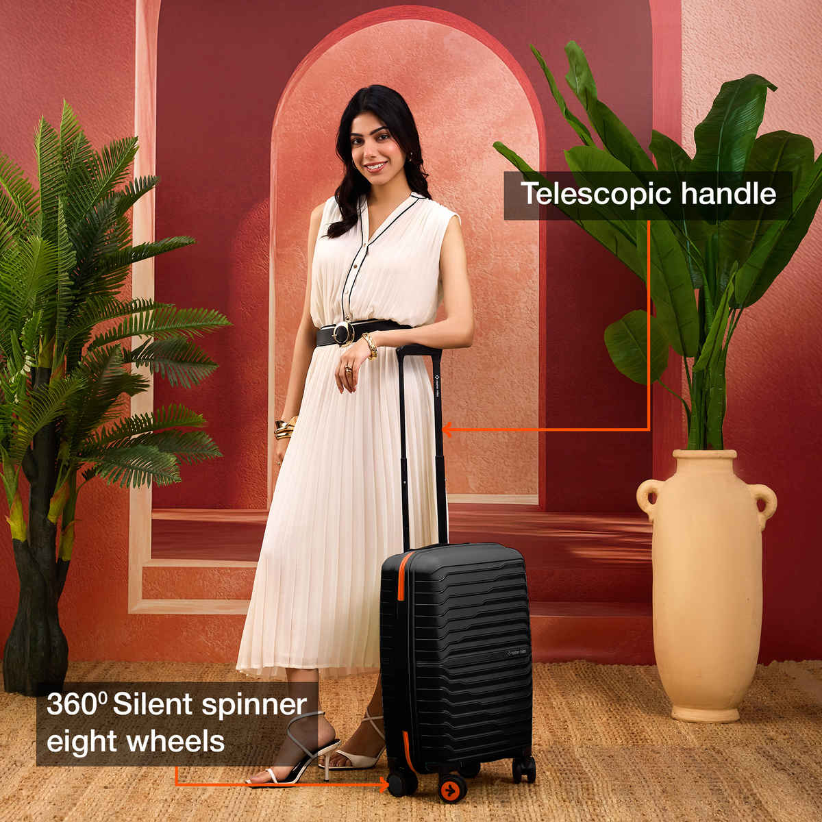 Nasher Miles Cairo Hard-Sided Polypropylene Cabin Luggage | Small | Black & Orange - 55 cm