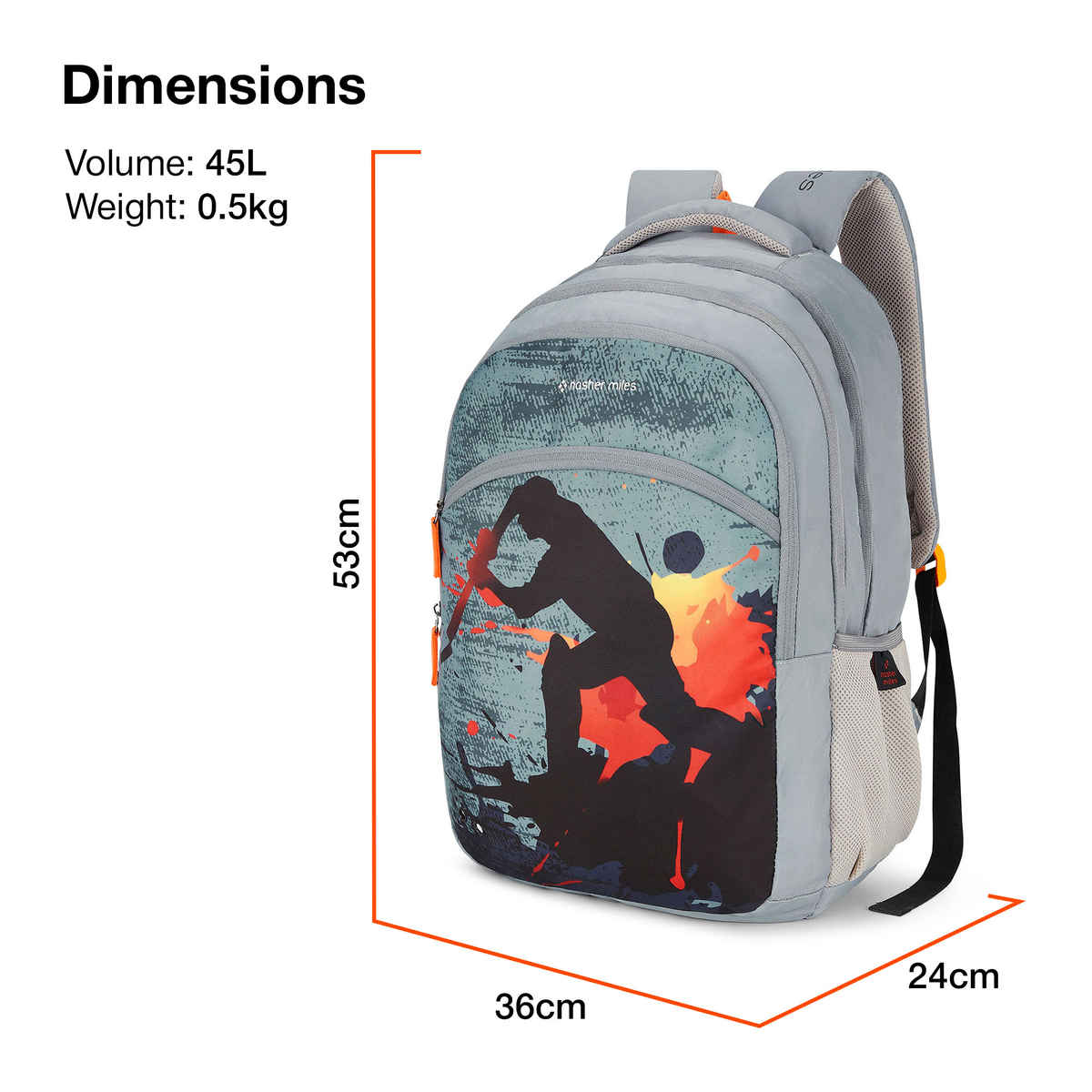 Nasher Miles Cricket Backpack- Unisex- 3 Compartment Casual College Bag- Grey- 45L