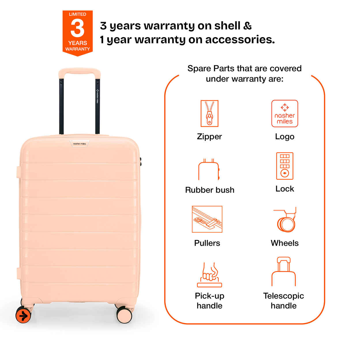 Nasher Miles Vienna Check-In Hard Sided Polypropylene 24 Inch|65 cm Trolley Bag - Peach