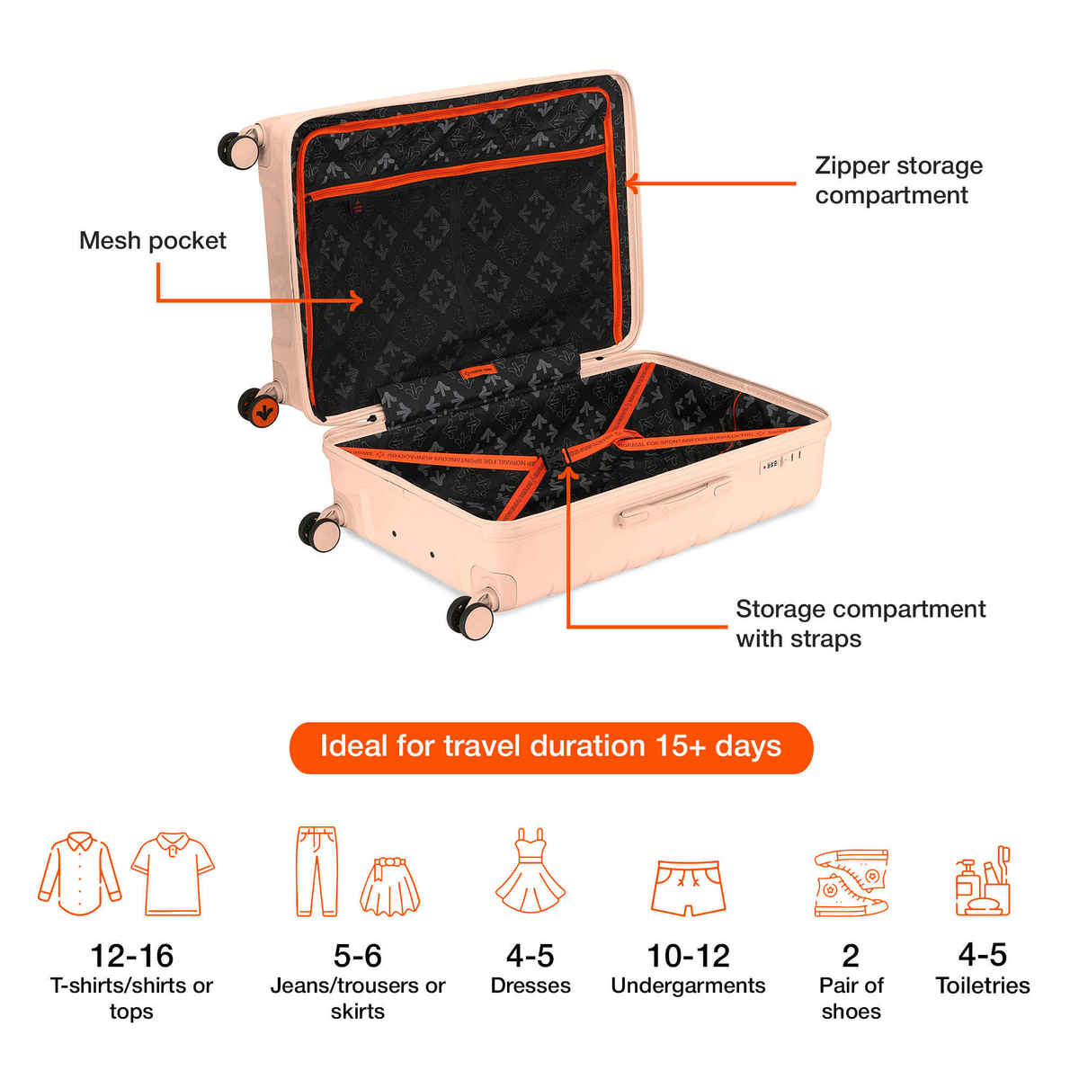 Nasher Miles Vienna Check-In Hard Sided Polypropylene 28 Inch|75 cm Trolley Bag - Peach