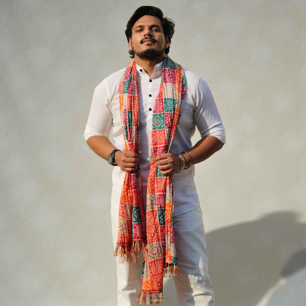 Multicolor Print Dupatta with Red Base | House of Festivals