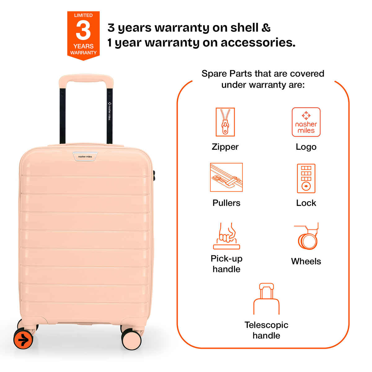 Nasher Miles Vienna Cabin Hard Sided Polypropylene 20 Inch|55 cm Trolley Bag - Peach