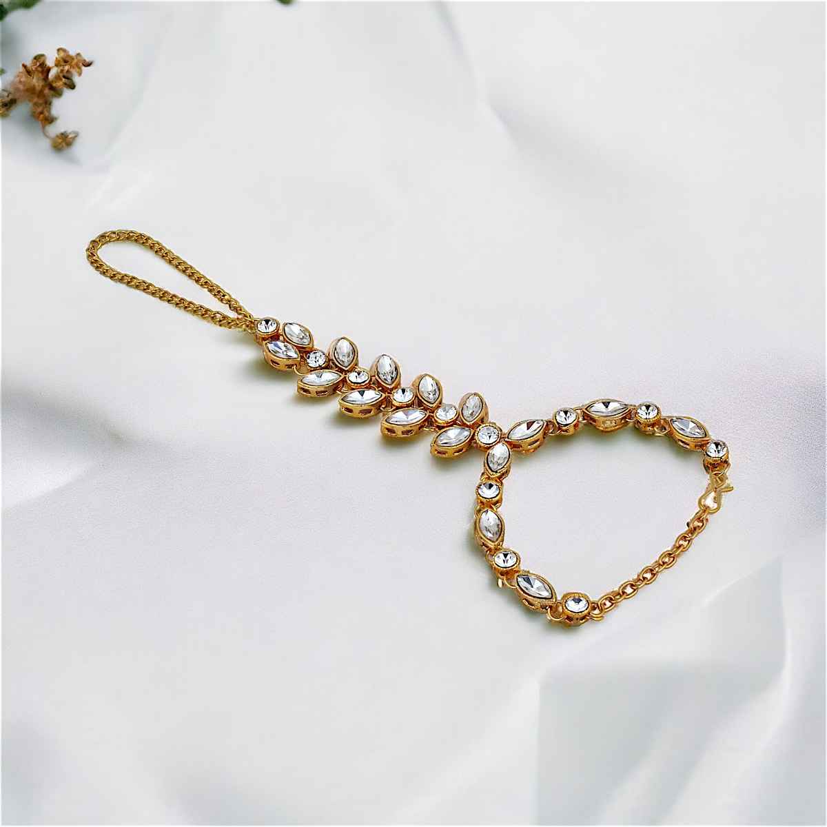 LUCKY JEWELLERY Women's Elegant Gold Plated Finger Ring Bracelet Hand Harness Hathphool | White