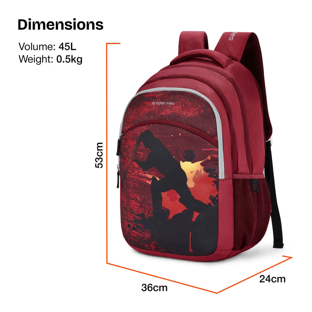 Nasher Miles Cricket Backpack- Unisex- 3 Compartment Casual College Bag- Red- 45L
