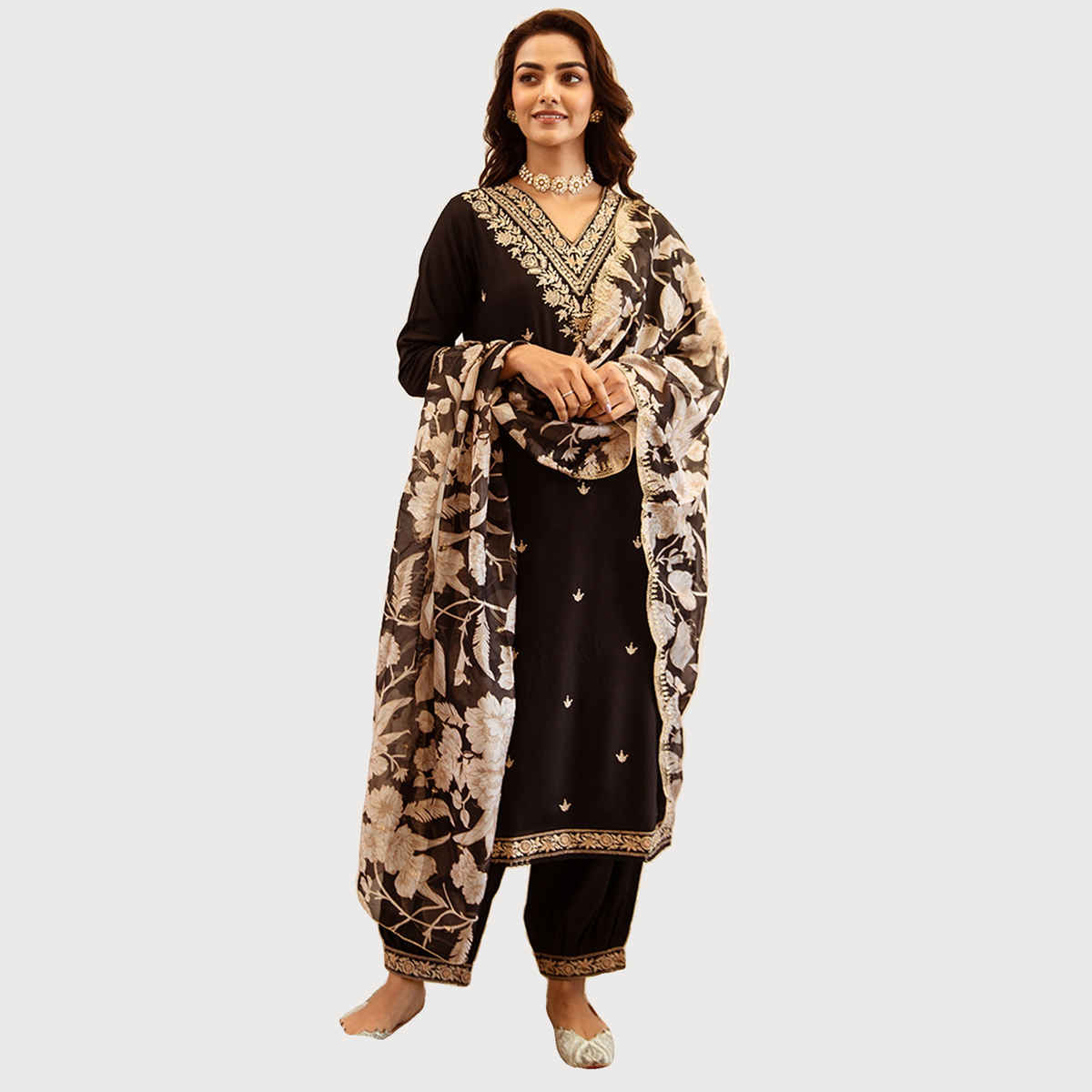 Indo Era Women's Viscose Rayon Embroidery Straight Kurta with Dupatta Set | KH5BK6147 | Black - S