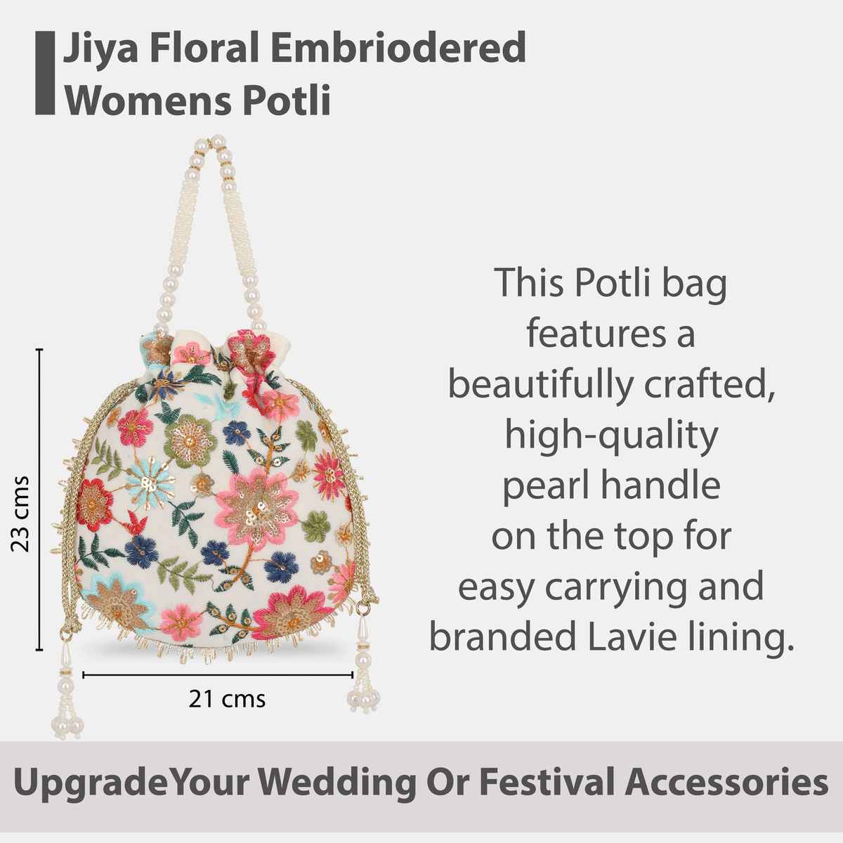 Lavie Women's Jiya Floral Embroidered Potli | White