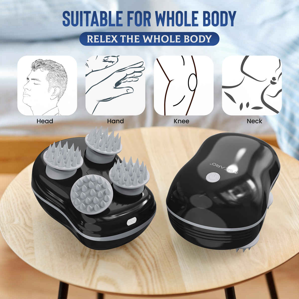Sicaro RP202 Relax Pro Rechargeable Scalp and Body Massager | 360 Degree Deep Massage Bristles | Black