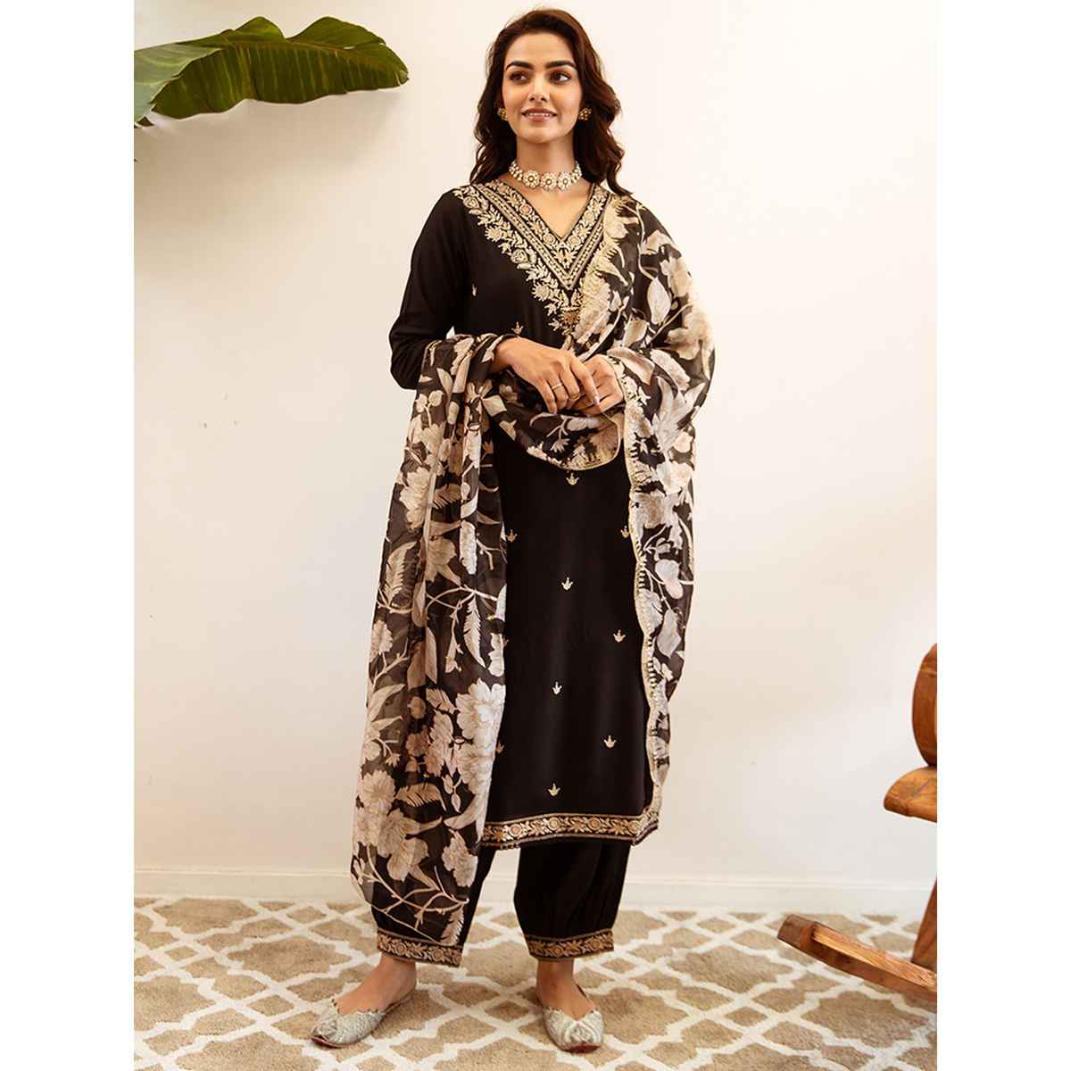Indo Era Women's Viscose Rayon Embroidery Straight Kurta with Dupatta Set | KH5BK6147 | Black - XL