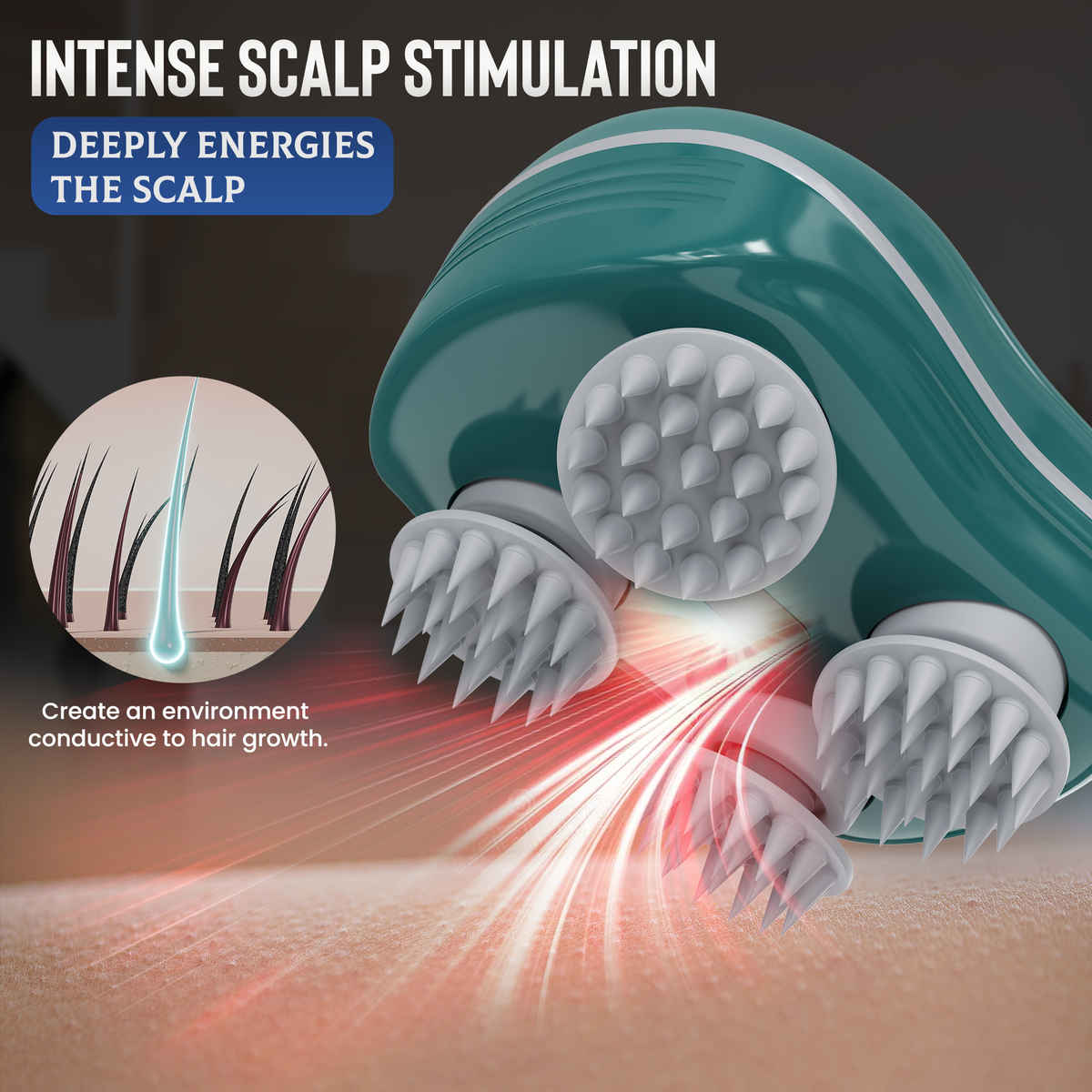 Sicaro RP202 Relax Pro Rechargeable Scalp and Body Massager | 360 Degree Deep Massage Bristles | Green