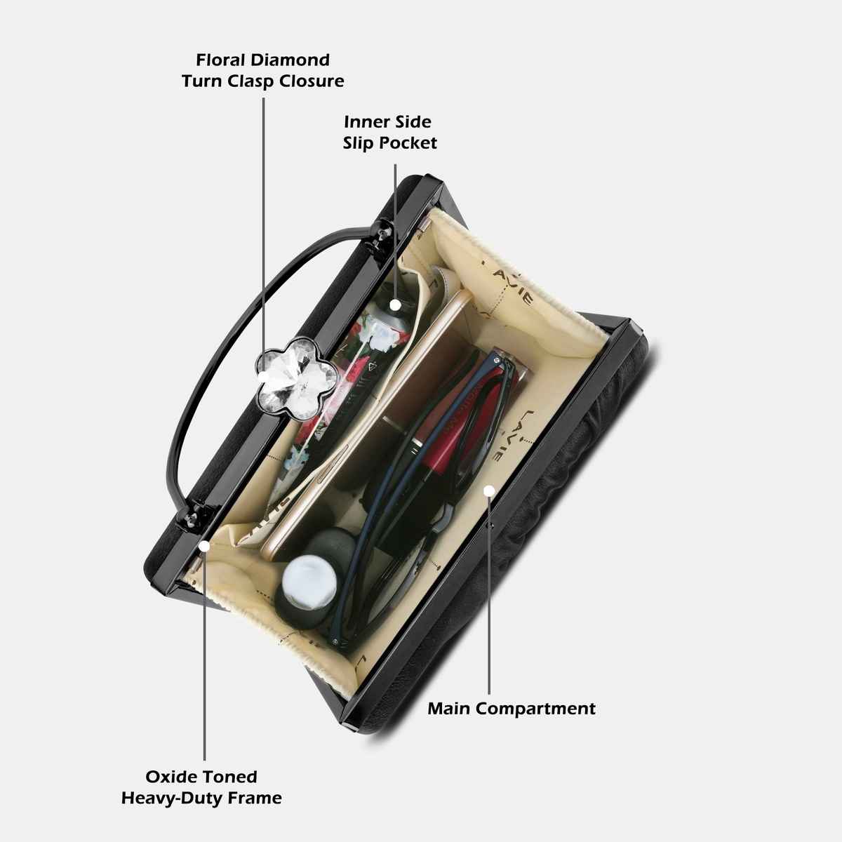 Lavie Women's Ivy Side Brooch Handle Frame Clutch | Small | Black (20 X 4 X 14 Cm)