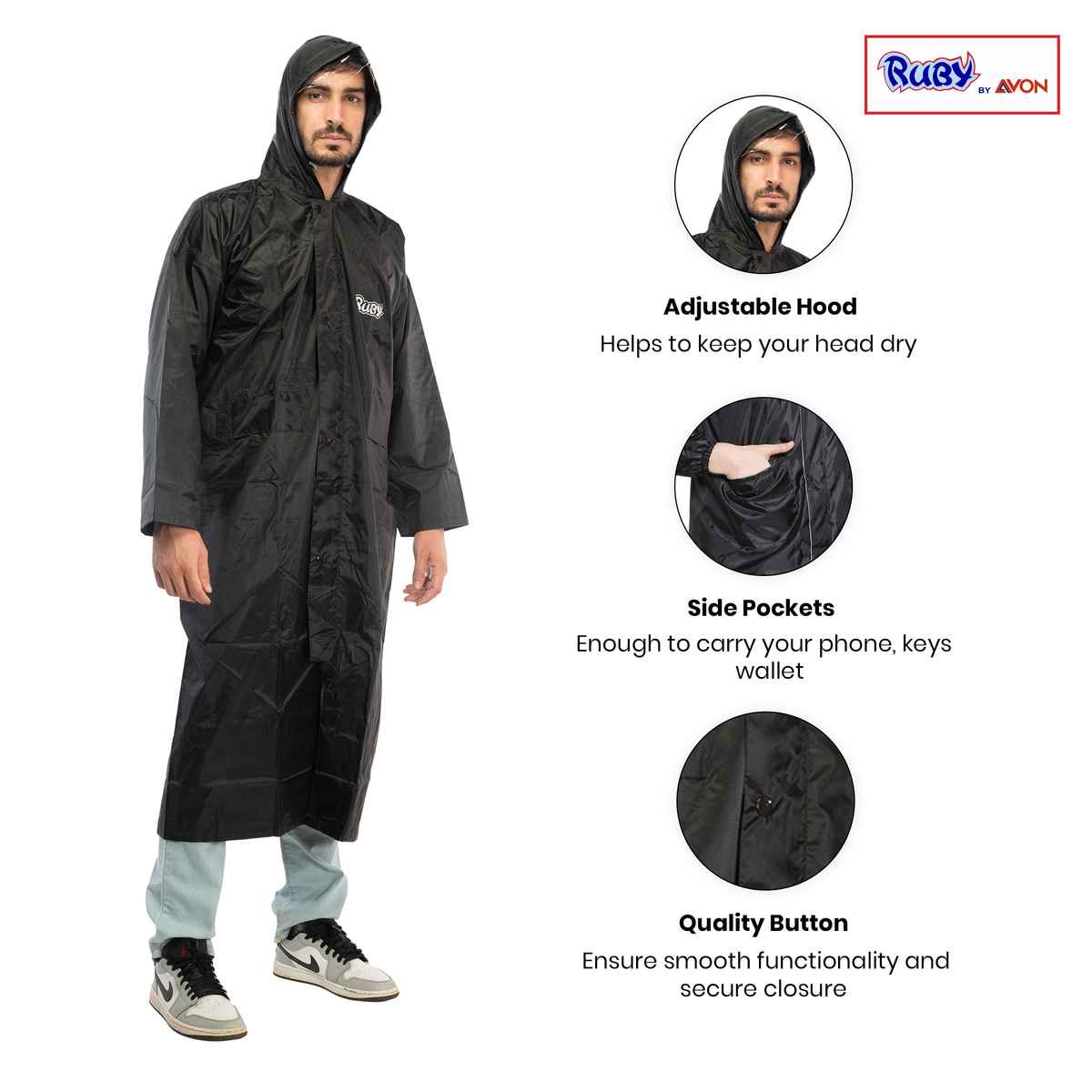 Fendo Ruby Cindrella Rain Coat for Men Long Overcoat Bike Rain Jacket | Black | XXL