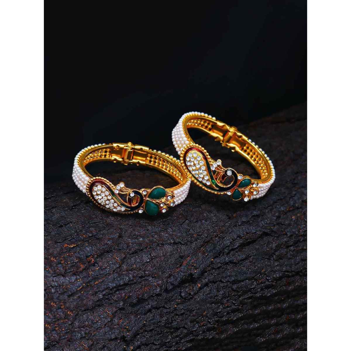 Sukkhi Glittery Pearl Gold Plated Peacock Meenakari Austrian Diamond Kada Combo For Women