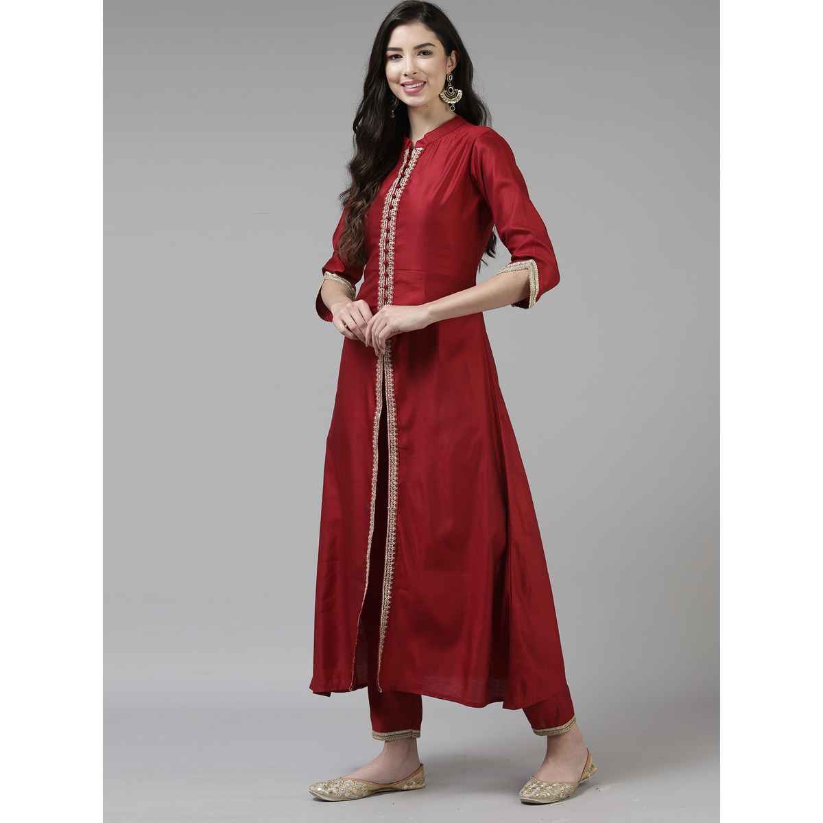 Indo Era Women's Liva Embroide Straight Kurta Pant with Dupatta Set | KD9RD3745 | Red - M