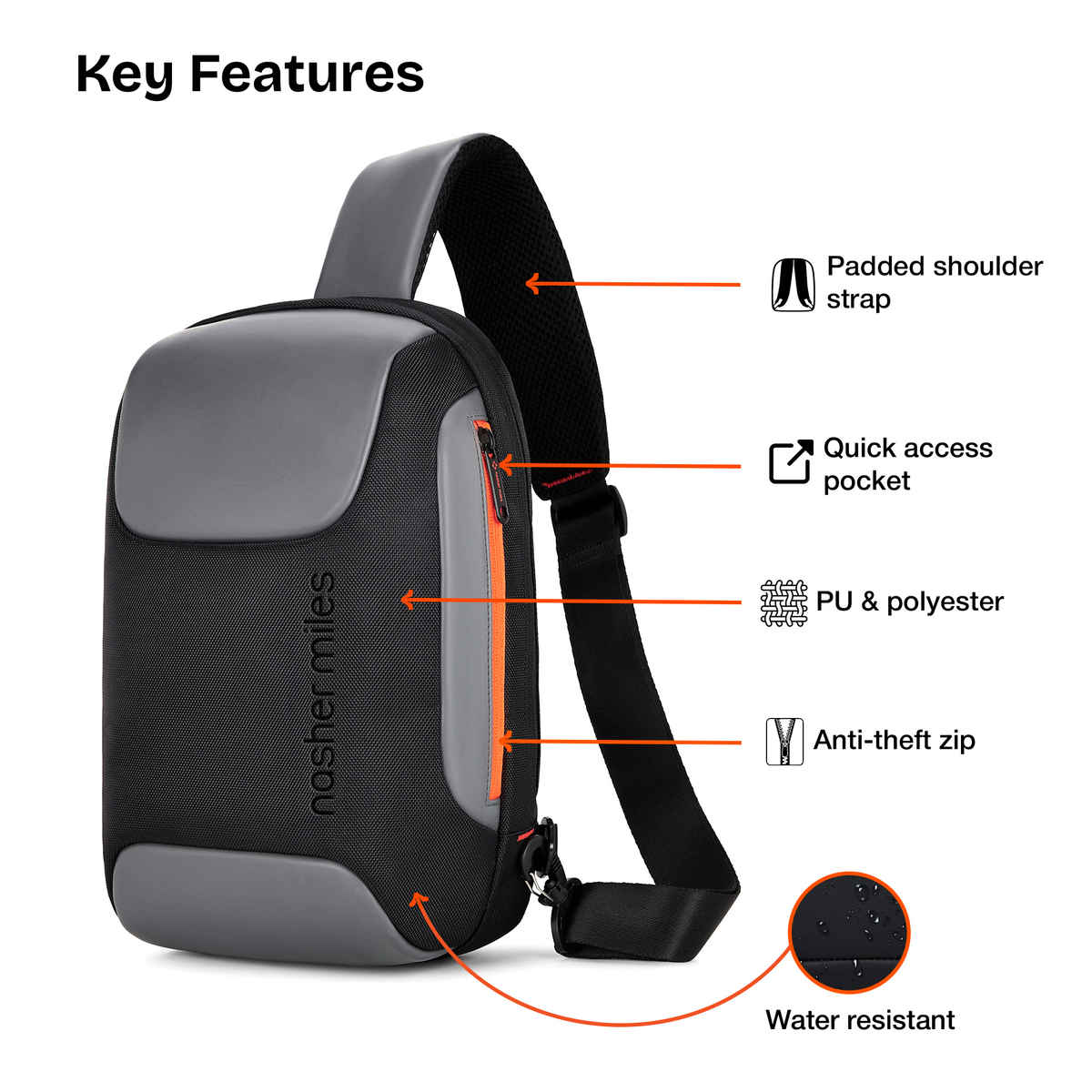 Nasher Miles Astoria Crossbody Sling Bag | PU & Polyester One Shoulder Chest Bag | Black - 12 L