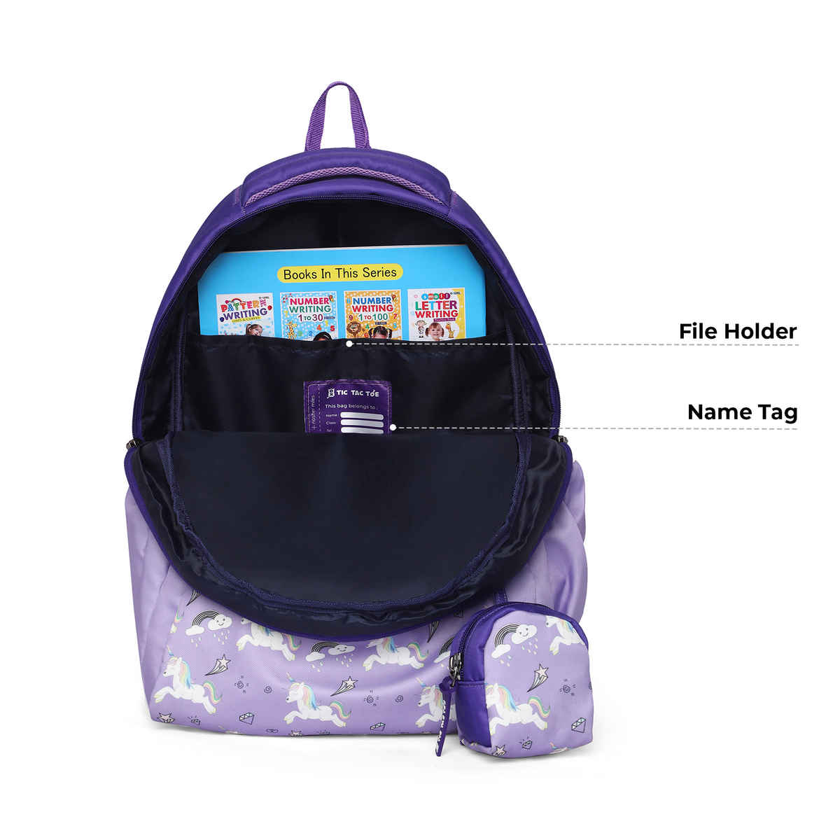 Nasher Miles Tic Tac Toe Unicorn Backpack For Kids- 3 Compartment Casual School Bag- Purple- 30L
