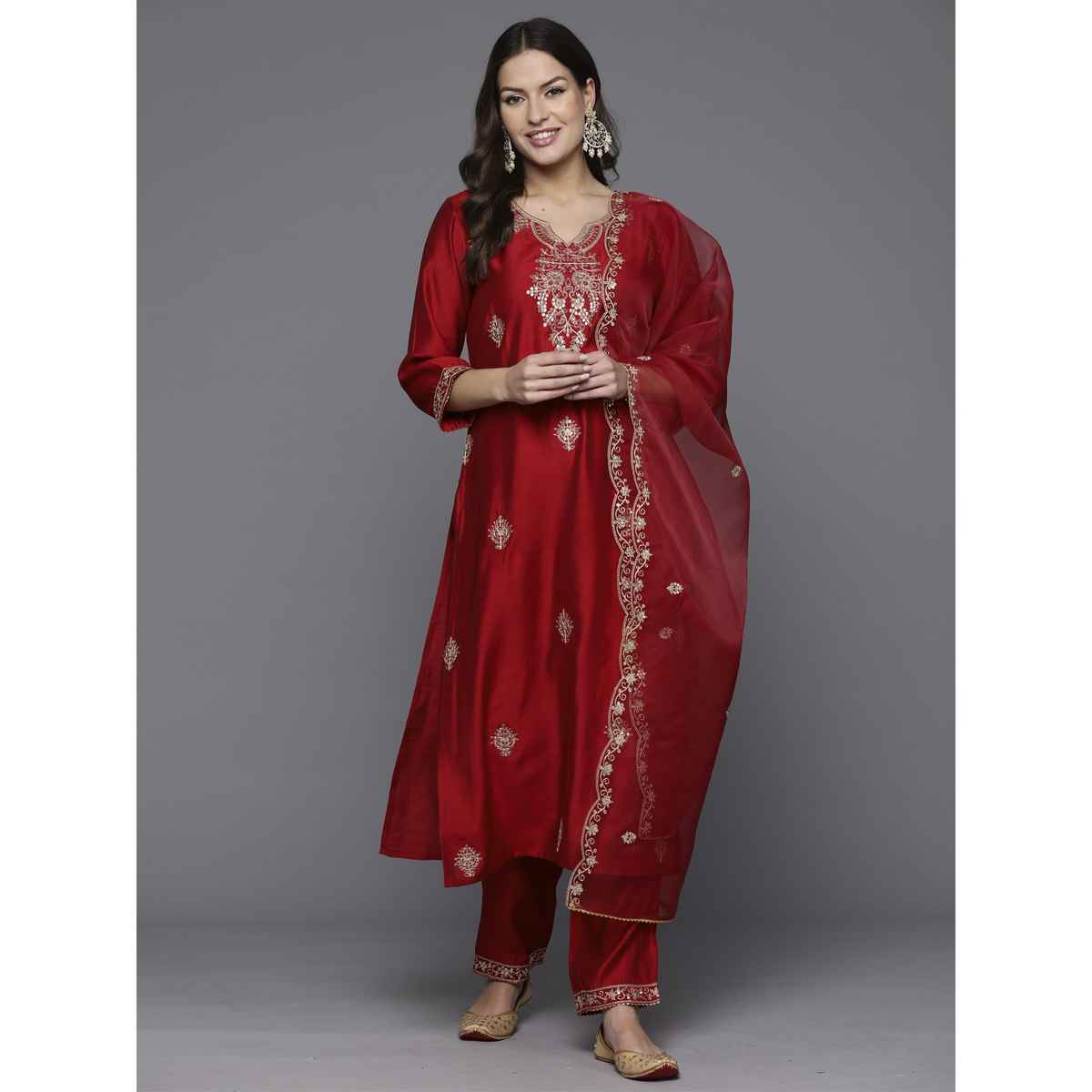 Indo Era Women's Silk Blend Embroidery Straight Kurta Set With Dupatta | KH9RD9490 | Red - XS