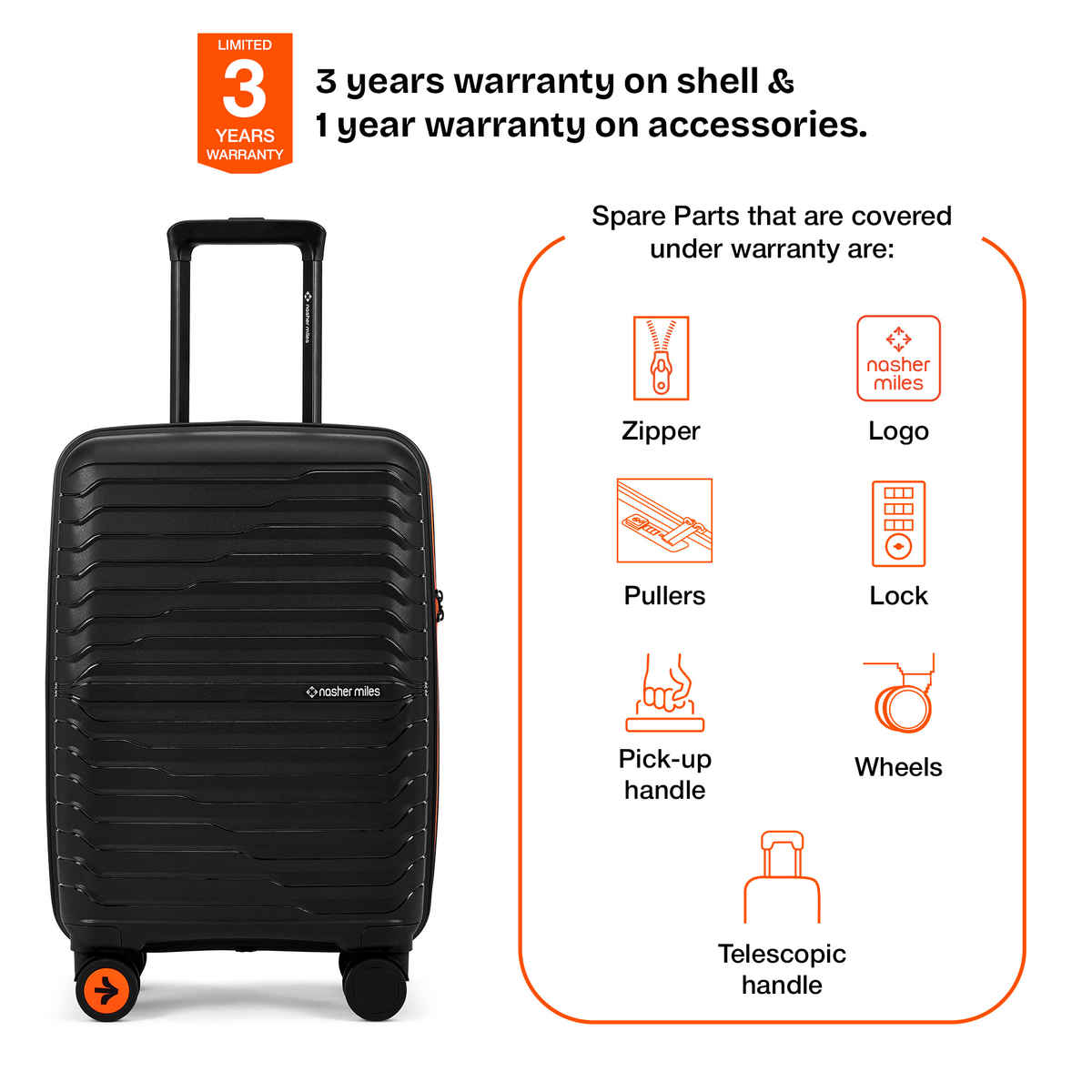 Nasher Miles Cairo Hard-Sided Polypropylene Cabin Luggage | Small | Black & Orange - 55 cm