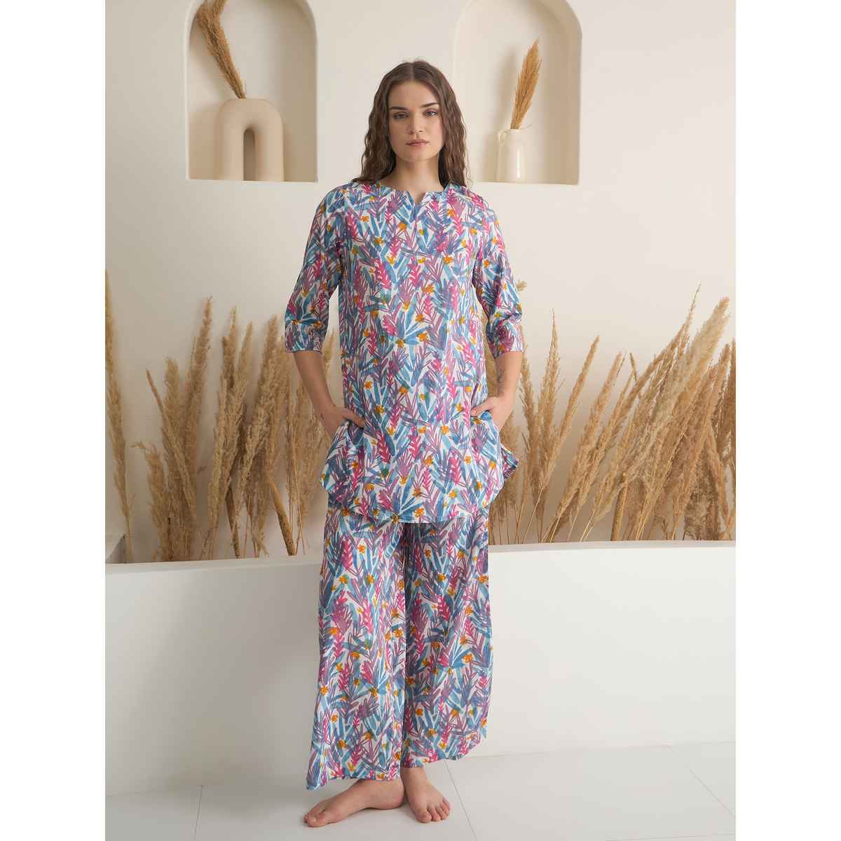Sanskrutihomes Women's Pure Cotton Night suits | SE-NSP-631 | Blue - L