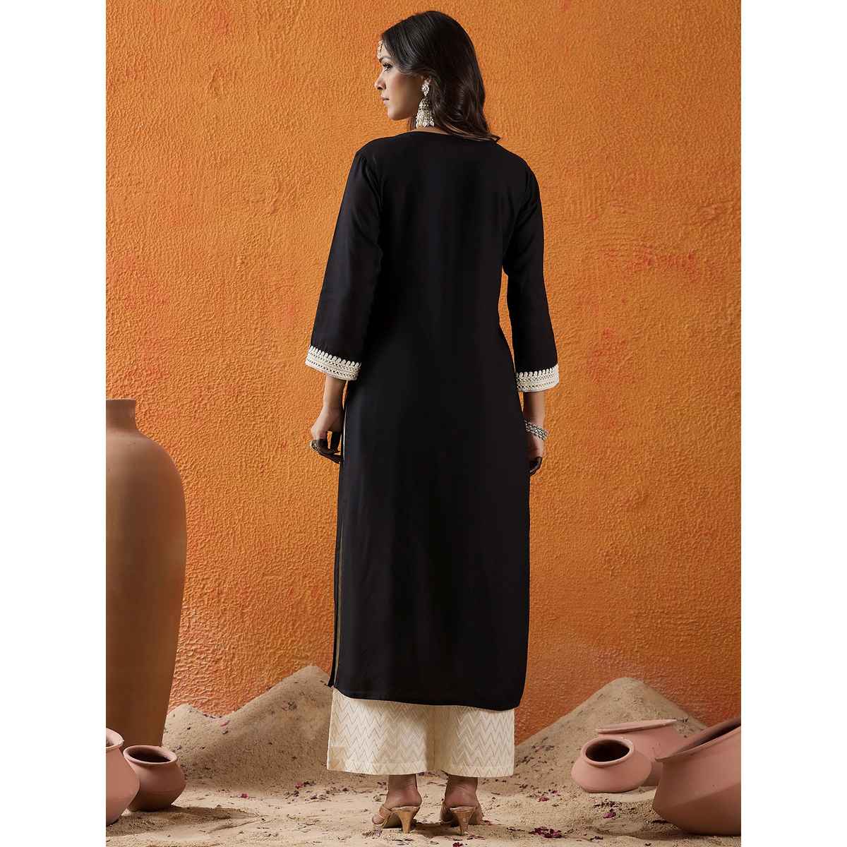 Indo Era Women's Viscose Rayon Floral Embroidered Straight Kurta | KT5BK10014 | Black - XL