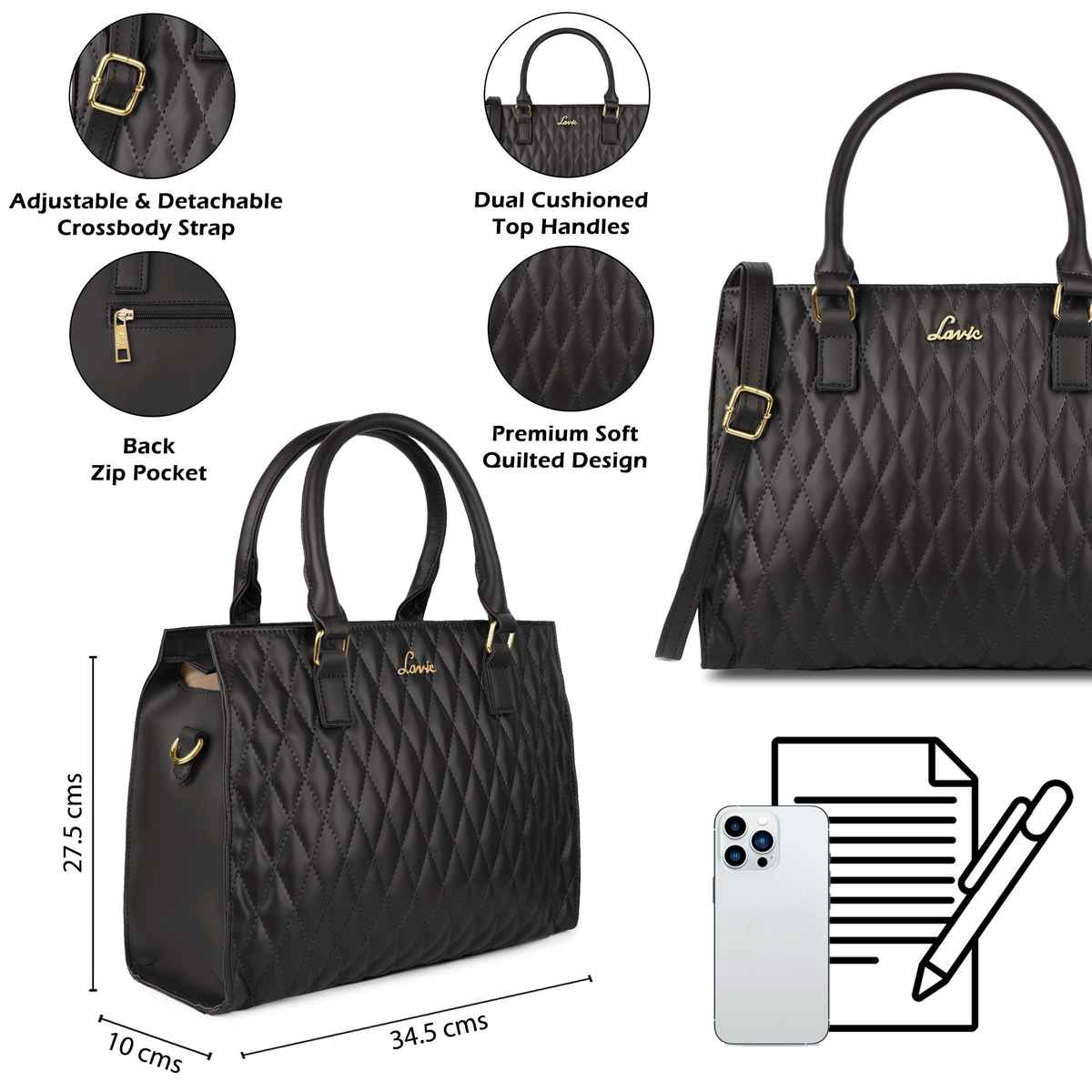 Lavie Womens Stitch Shelly Large Satchel Handbag Black