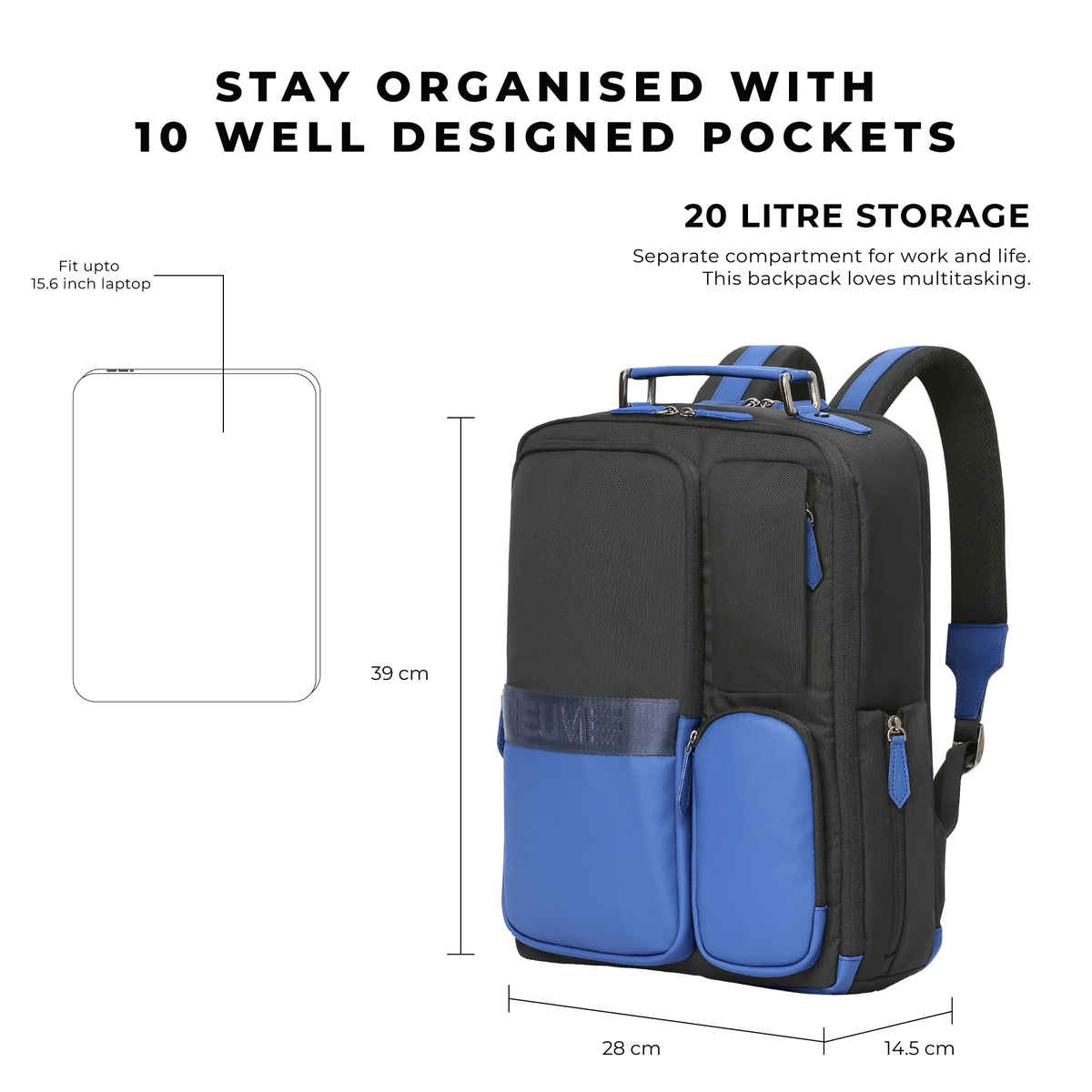 EUME Unisex Solid Nylon and Vegan Leather 20 L Laptop Backpack | Charcoal Black - 15.6 Inches