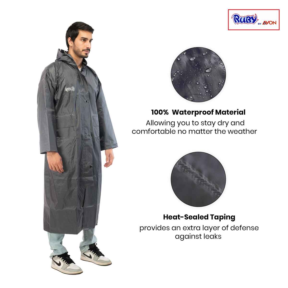 Fendo Ruby Cindrella Rain Coat for Men Long Overcoat Bike Rain Jacket | Grey | XXL