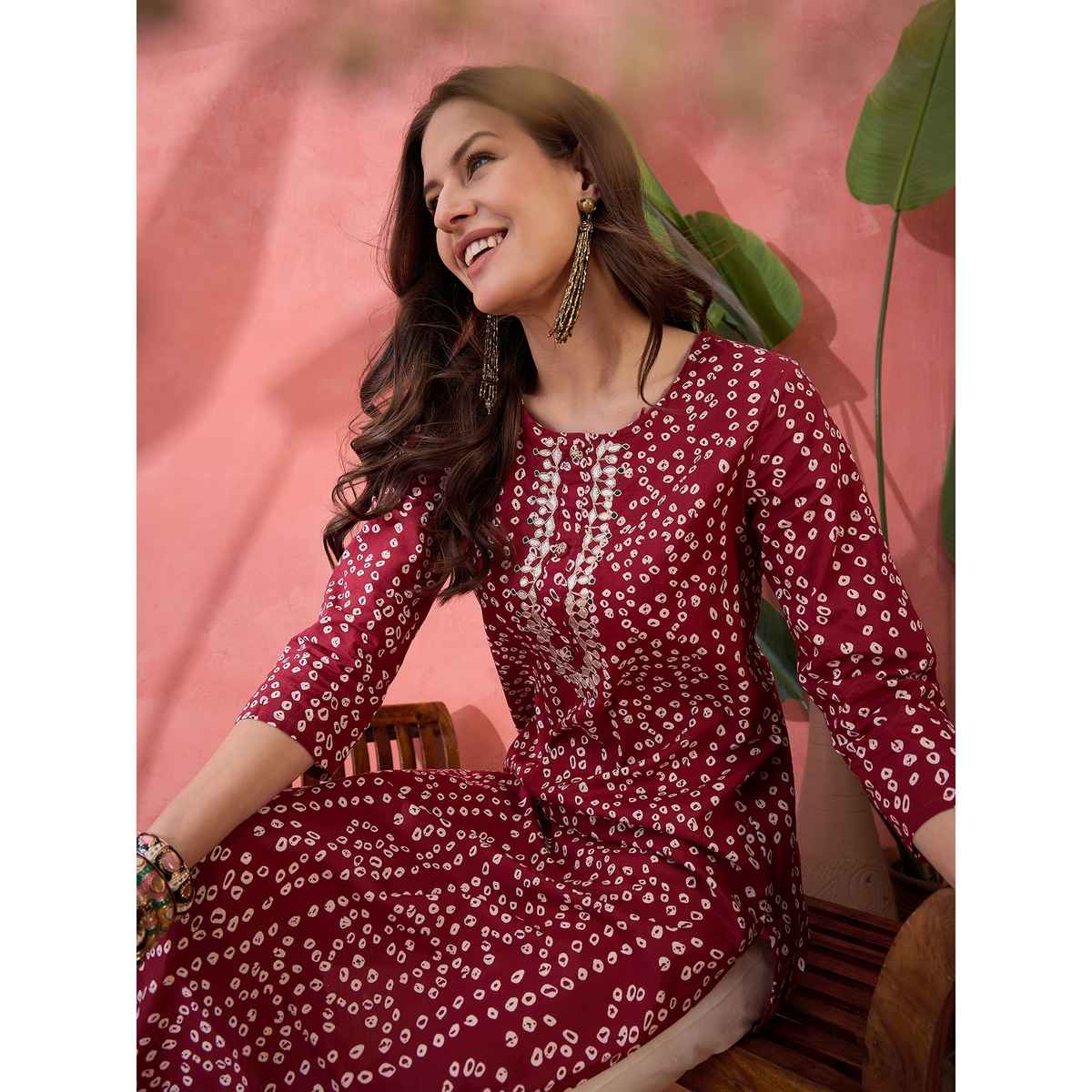 Rangdeep Women s Bandhani Printed Gotta Patti Cotton Straight Kurta | Red | M