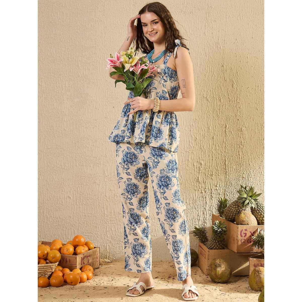 Sanskrutihomes Floral Printed Pure Cotton Top & Trouser for Women s | Blue | L