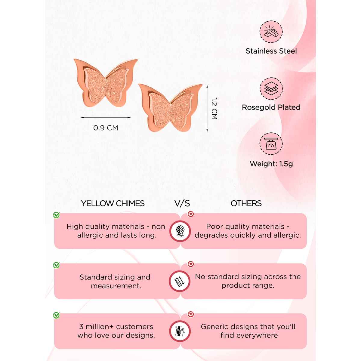 Yellow Chimes Earrings | Rose Gold Studs | Butterfly Shaped | Birthday Gift for Women