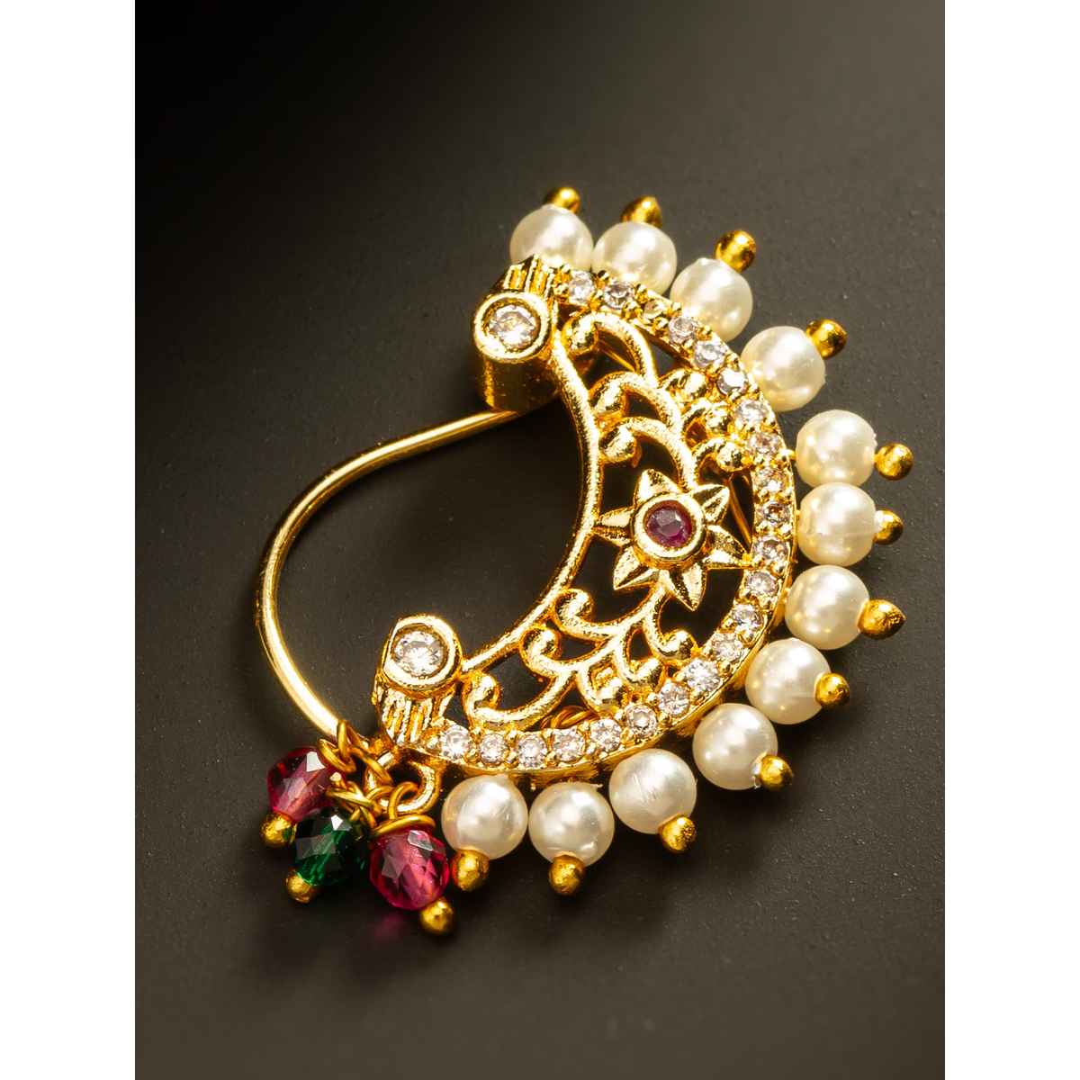 Aadita Elegant Half-Moon Nath with CZ Stones Pearls & Red-Green Beads ...
