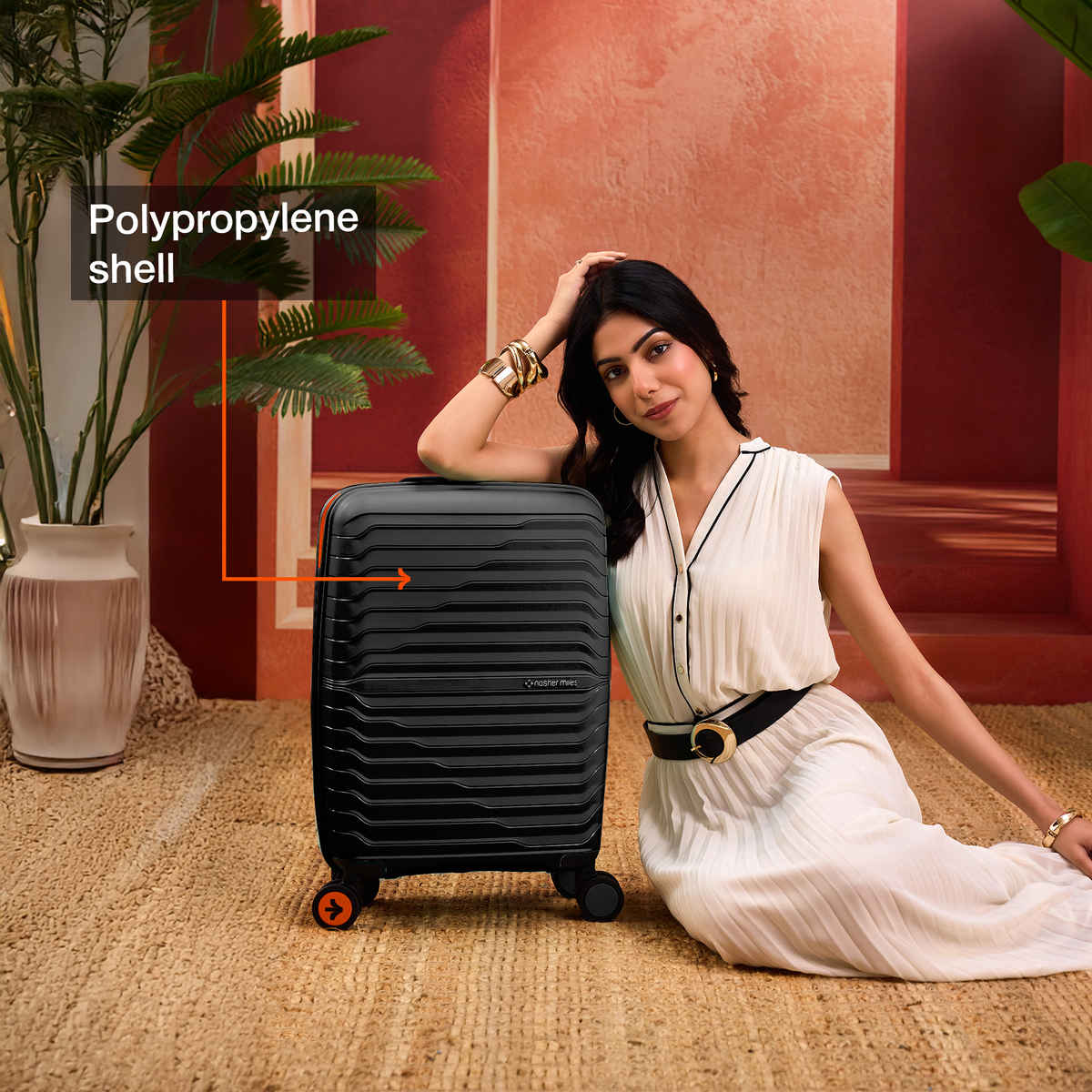 Nasher Miles Cairo Hard-Sided Polypropylene Cabin Luggage | Small | Black & Orange - 55 cm