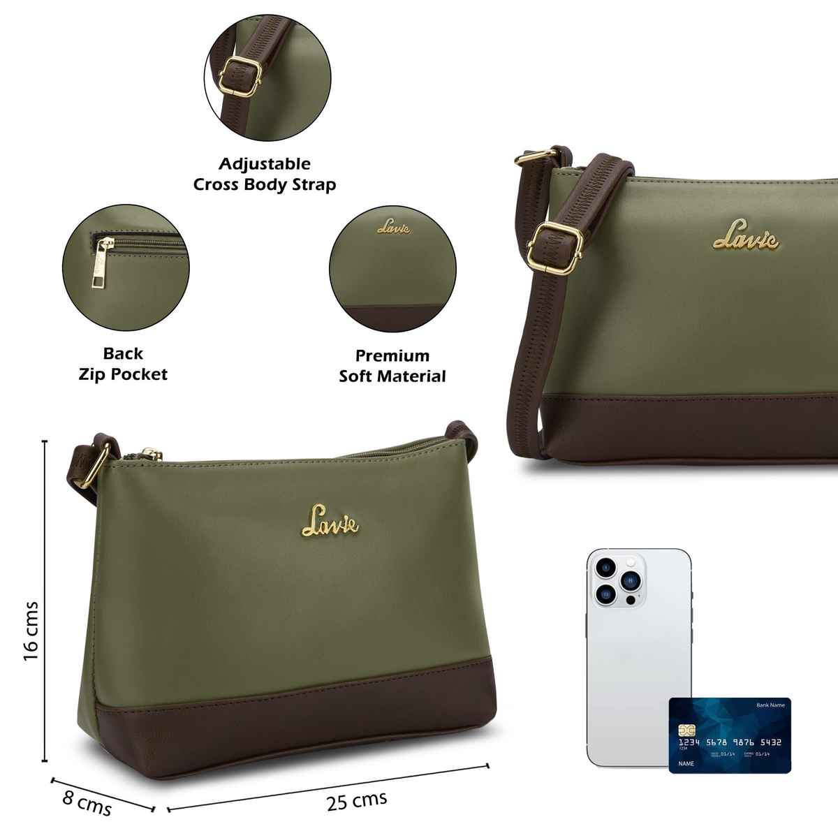 Lavie Women's Taya Cross Body Sling Bag | Ladies Purse Handbag | Olive