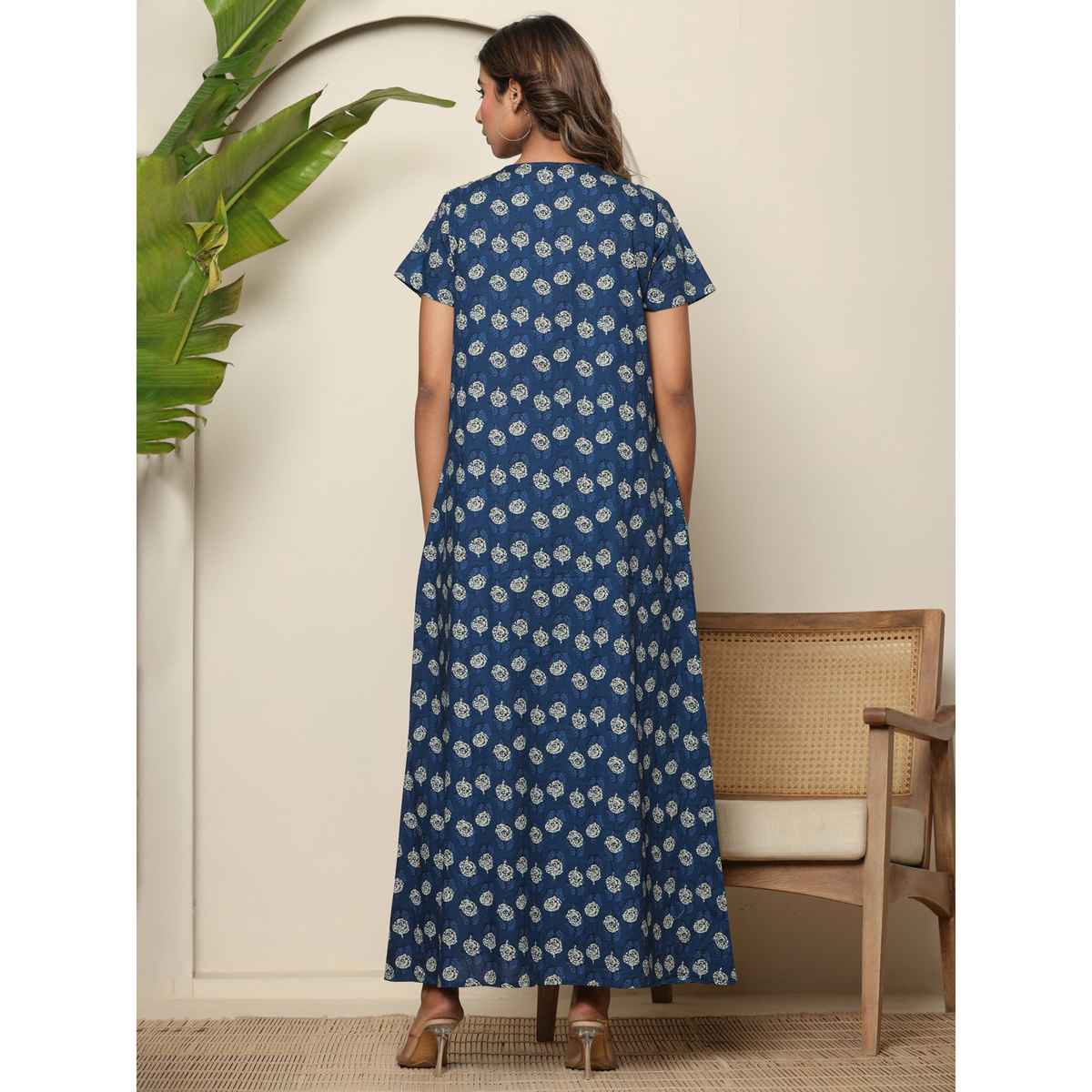 Nihsamah Women's Cotton Premium Embroidered Nighty | Full Length | Blue - M