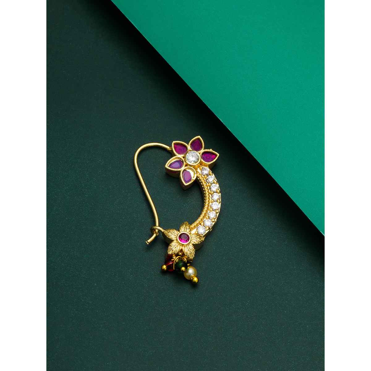 Aadita Maharashtrian Nose Pin- Traditional Gold Plated Nath with Pearl & Kundan for Bridal Wear