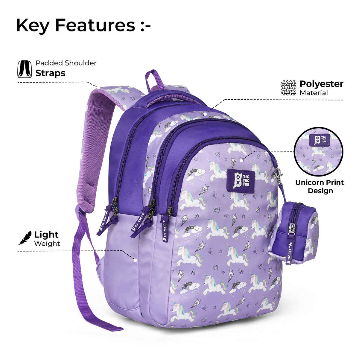 Nasher Miles Tic Tac Toe Unicorn Backpack For Kids- 3 Compartment Casual School Bag- Purple- 30L