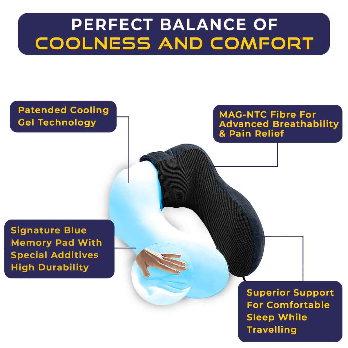 Billebon Cool Gel Travel Neck Pillow Combo | Magnetic Fabric & Washable Cover | Grey