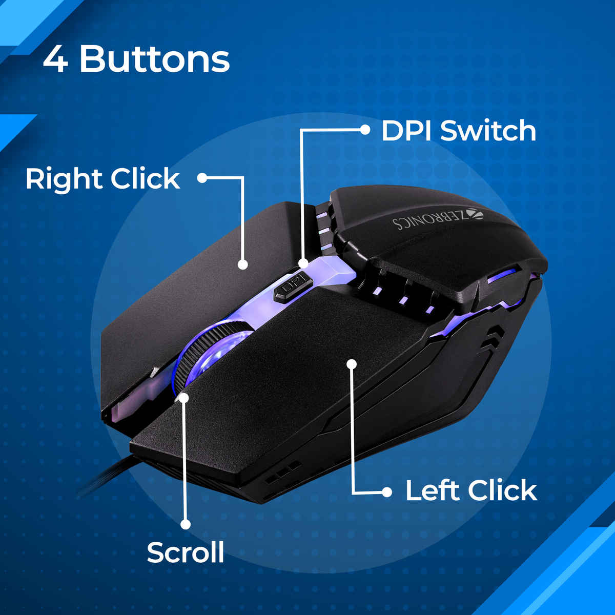 Zebronics Phero Wired Gaming Mouse With Up to 1600 DPI, LED Lights, DPI Switch, High Precision,4 Buttons - Black
