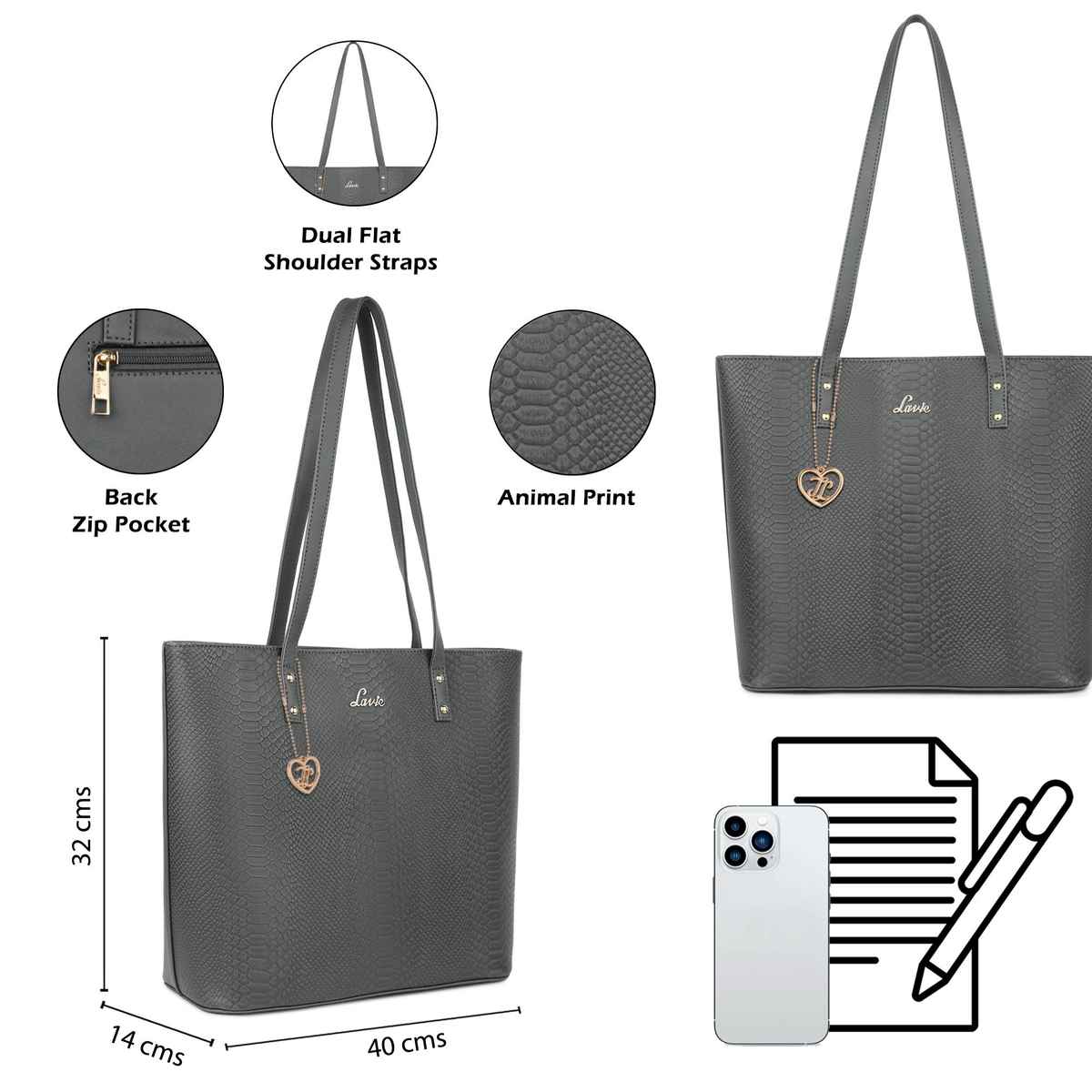 Lavie Women's Croc Pavo Tote Handbag | Tote Bag For Work | Ladies purse | Shoulder Bag | Dark Grey